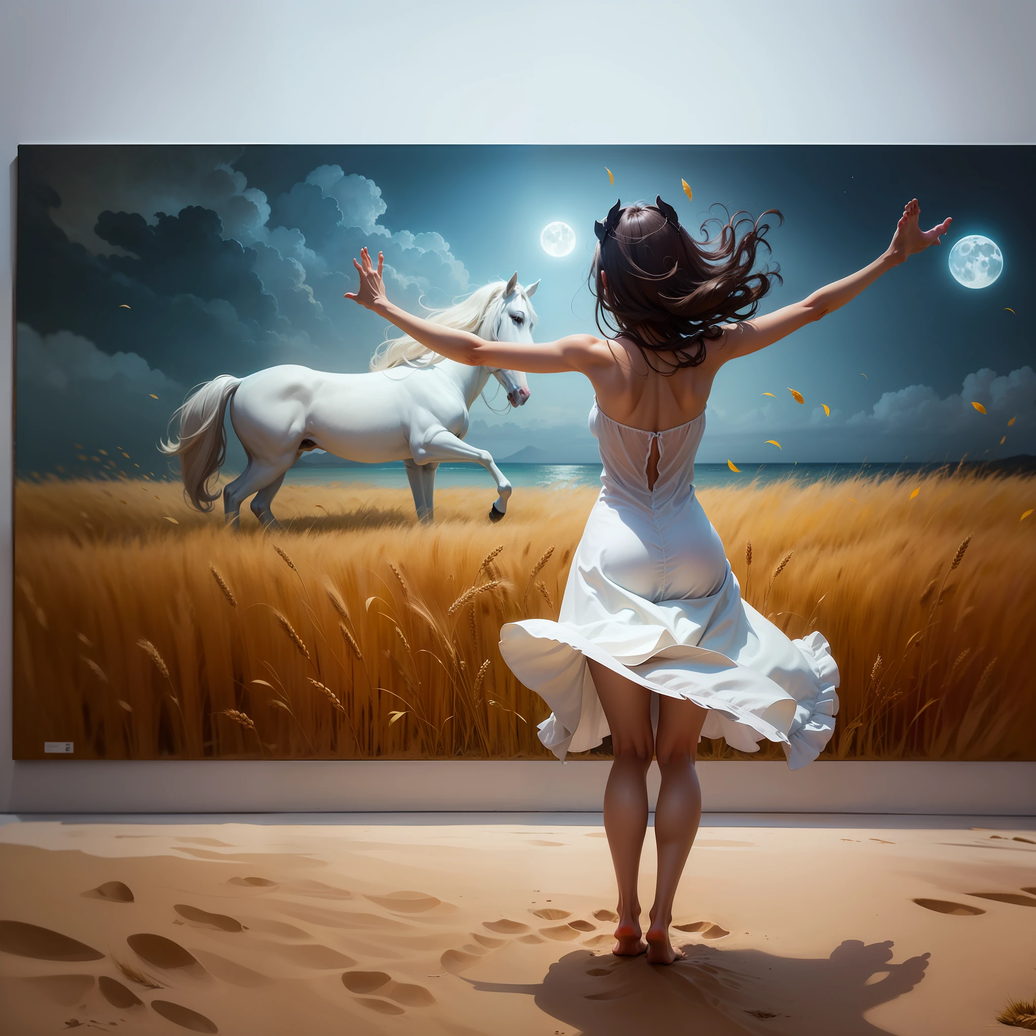 A woman Barefoot standing in an exciting way in front of an art painting, her back is bare. The painting is large, in which a wheat field horse with small flowers, the moon and the sea in an exhibition, and a white dress --auto