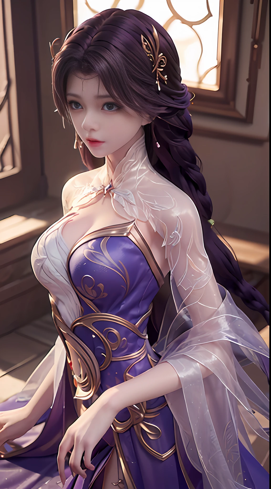 (1 girl:1.3), solo, Unity 8k wallpaper, cinematic lighting,
super detailed, beautiful and aesthetic, beautiful, masterpiece, best quality, fantastic atmosphere, calm color palette, tranquil mood, soft shadows, yunxi dress,, alafi in purple dress and purple cape, goddess, flowing magic robe, 8K high quality detail art, extremely detailed goddess shot, beautiful and elegant elf queen, beautiful fantasy queen, 4K detail fantasy, super detailed fantasy characters, gorgeous flowing robes, fantasy art style, Extremely detailed Artgerm