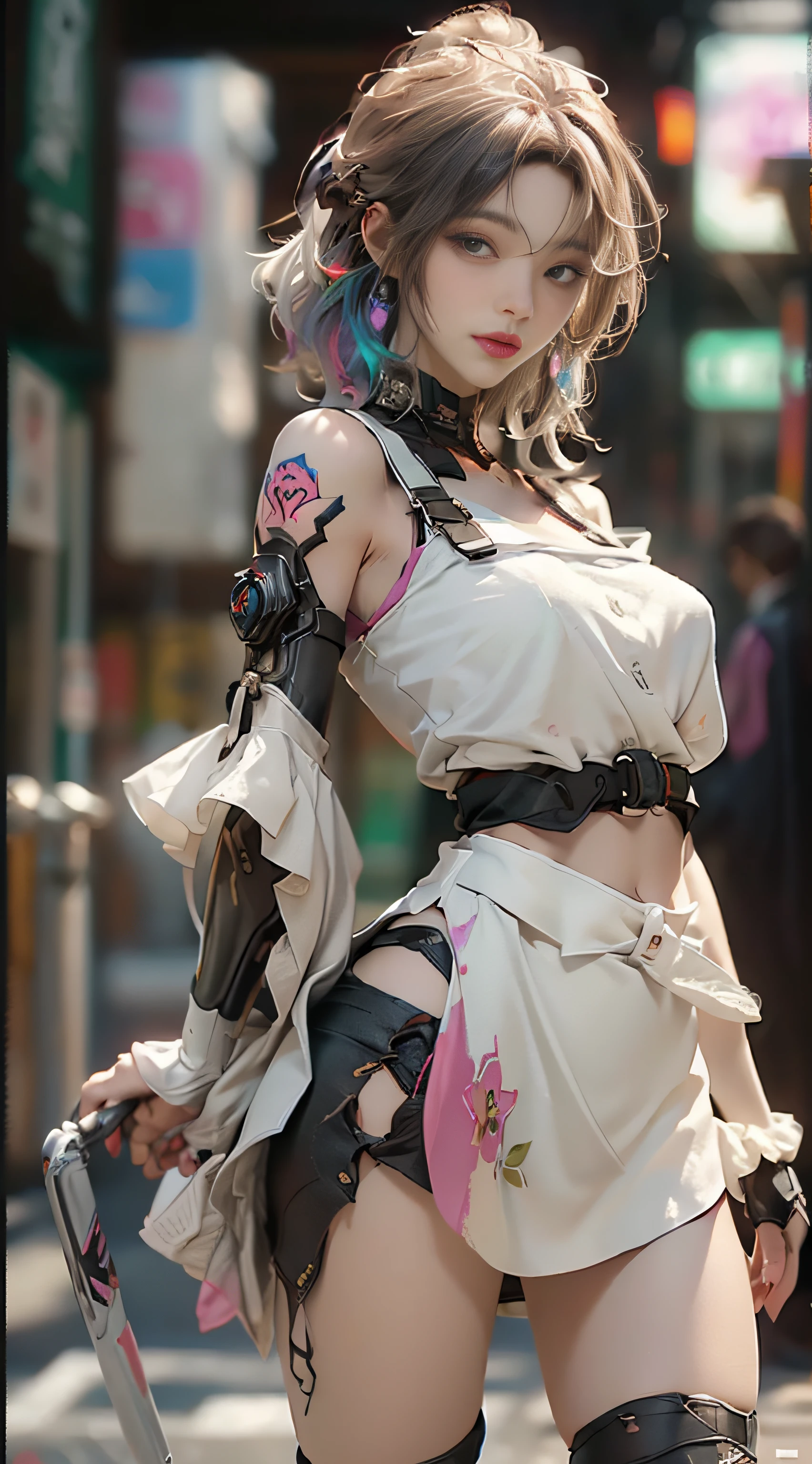 (Best Quality), ((Masterpiece), (Detail: 1.4), 3D, A Beautiful Cyberpunk Woman, HDR (High Dynamic Range), Ray Tracing, NVIDIA RTX, Super-Resolution, Unreal 5, Subsurface Scattering, PBR Textures, Post-Processing, Anisotropic Filtering, Depth of Field, Maximum Sharpness and Clarity, Multi-layer Textures, Albedo and Highlight Maps, Surface Shading, Accurate simulation of light-material interactions, perfect proportions, Octane Render, two-color light, large aperture, low ISO, white balance, rule of thirds, 8K RAW, nudity, off-the-shoulder, camisole vest, miniskirt, transparent attire, open waist, miniskirt //, very short, colorful graffiti on shoulders,