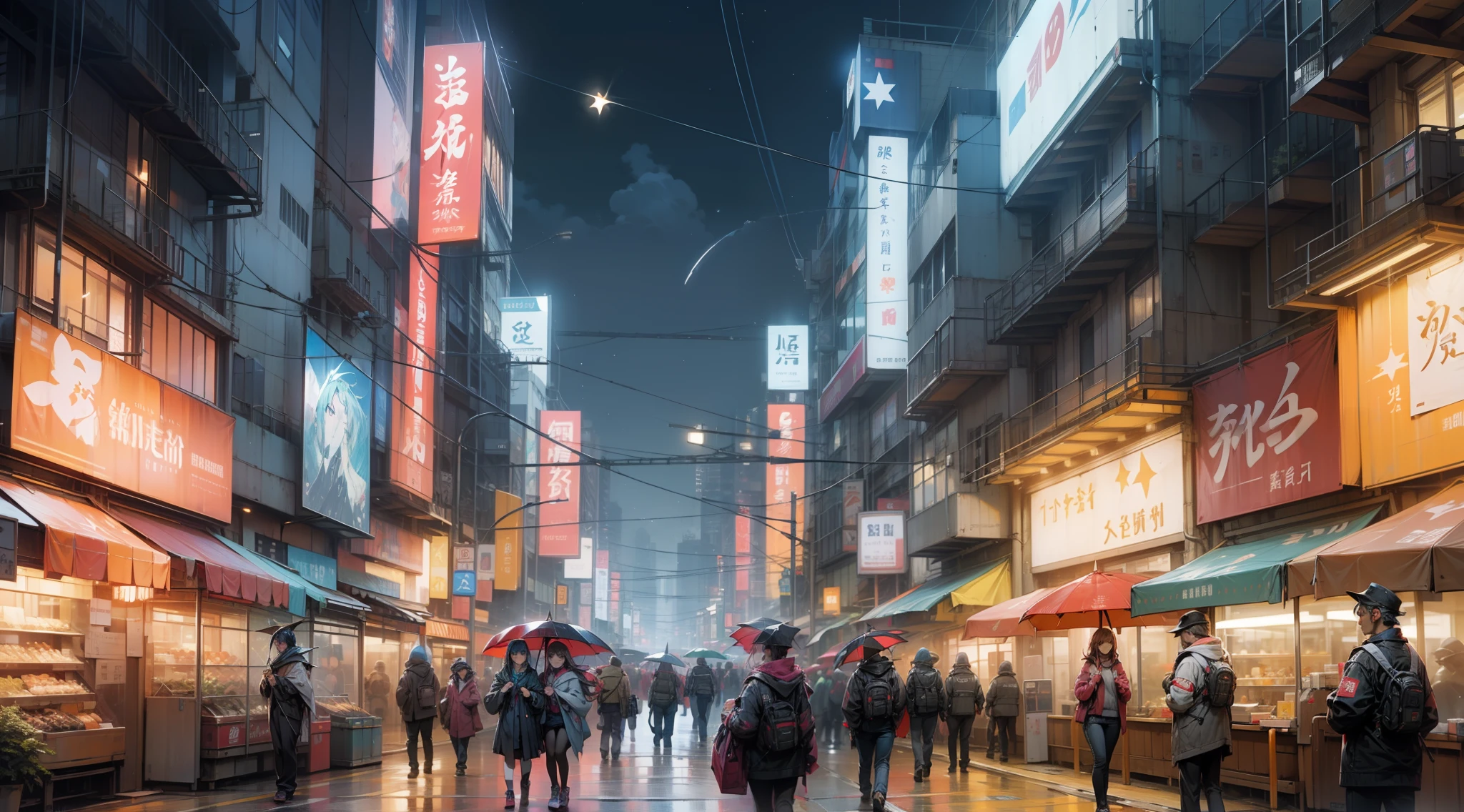 Rua Cyberpunk, com varias propagandas em japones em LEDs e NEONs, Chuva, people walking with umbrellas on the sidewalk, many stars in the sky, estrelas cadentes. --auto