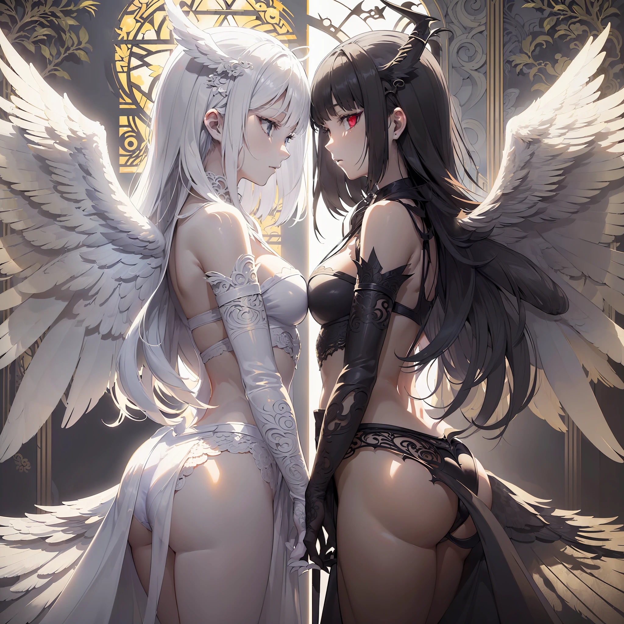((((masterpiece,HighestQuali,Real light and shadow,Manga illustration,intricate detailes,Ultra clear wallpaper)))),twins,2 girls look at each other,An angel with white wings and halo wears a white dress,A devil with black dragon wings and a tail wearing leather underwear,Wings,