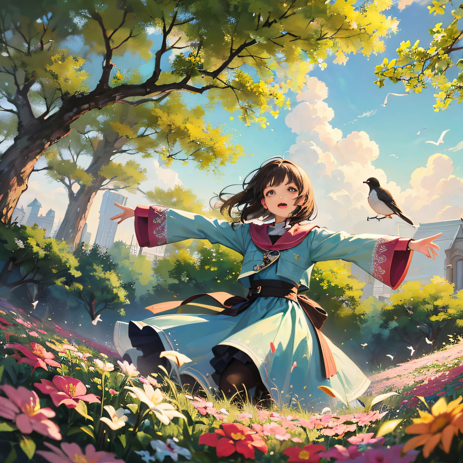 Birdsong Melody: A Girl Amidst a Flock of Singing Birds"
An image featuring a girl amidst a flock of singing birds. The girl is shown with outstretched arms, enjoying the melodic chorus of the birds. The scene is set against a picturesque backdrop of trees and blooming flowers. --auto