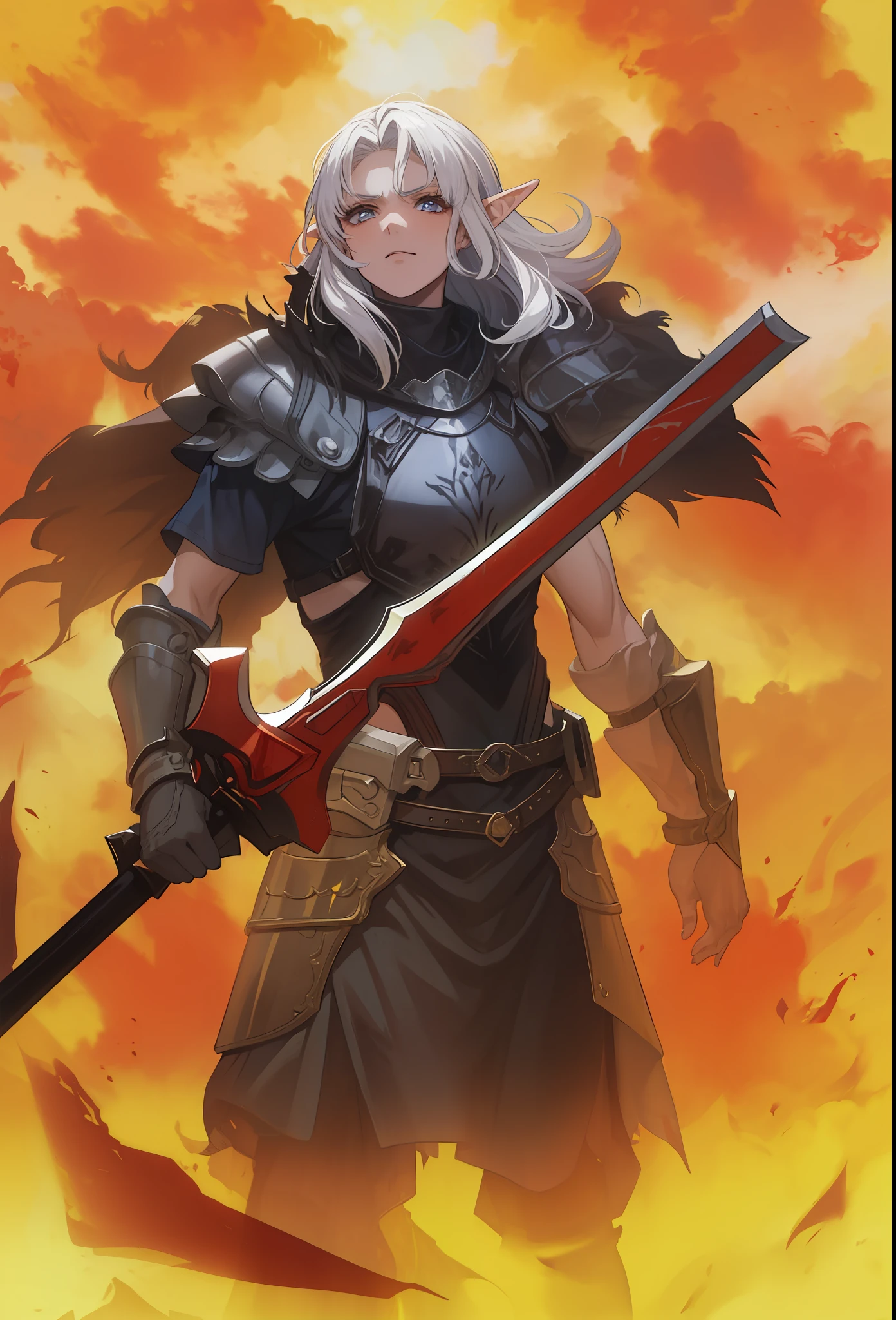 Masculino, pele morena,elf, olhos amarelo,4k,no meio do fogo, Dark kingth armor Full body, Dark fantasy, segurando uma espada,tons de calor