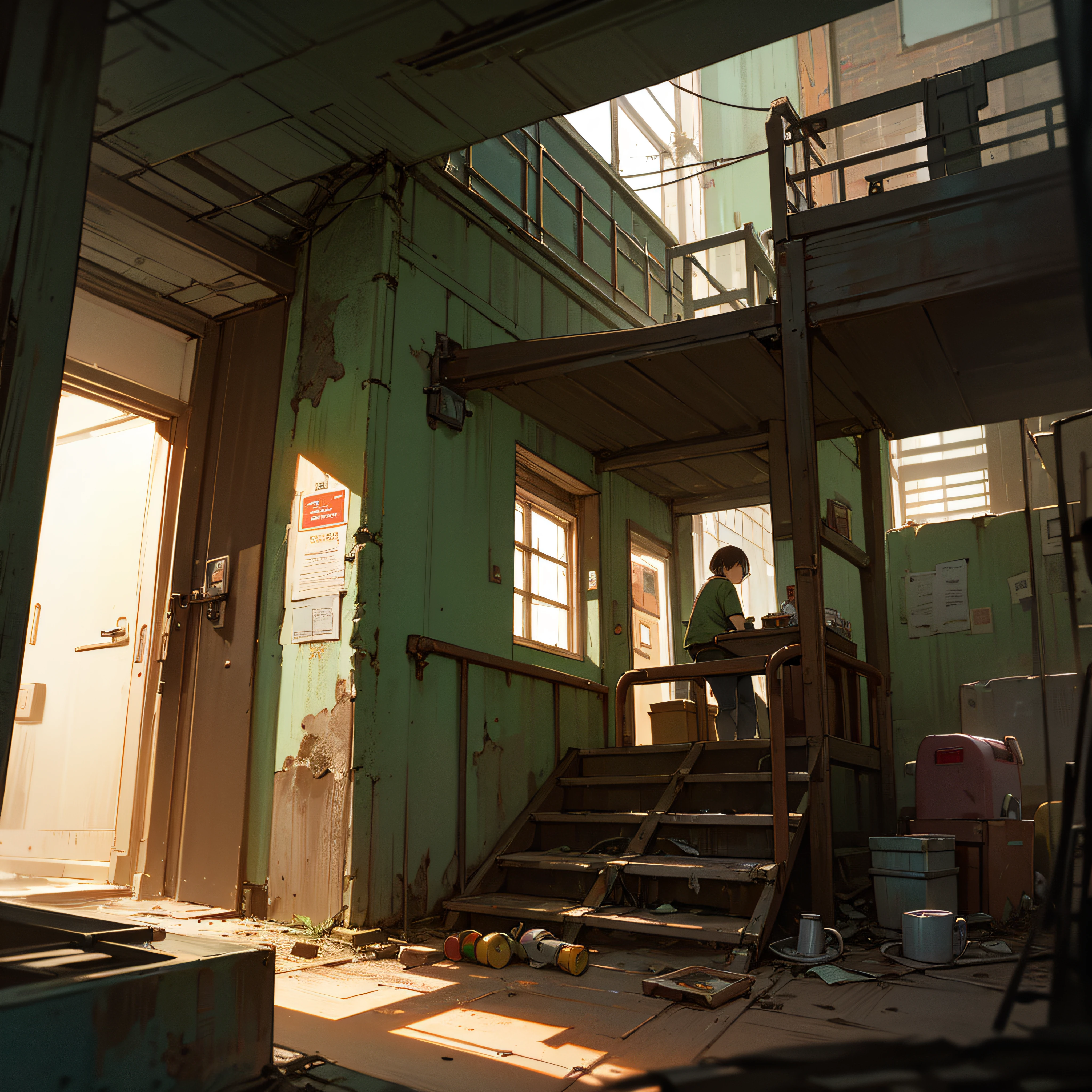 abandoned houses、warehouse、Dojunkai Apartment Surreal and very detailed illustration、Image with objects very loaded、Viewpoint from below、Dirty cement stairs with cracks、a trash can、Metal wall、cables、pole、Rusty pipe、Wall pipe、Electricity Meter、Gray and dark walls、 Empty box、Old paper on the floor、Paint on damaged walls、Metal and rusty scrap、mechanicalparts(rusty、Brownish)、Dim lighting、Very dark landscape shadows、Red and green neon lights、moisture、、wooden、early evening、Toys、cute little、Lots of green empty bottles、tableware、Luggage storage、 --auto