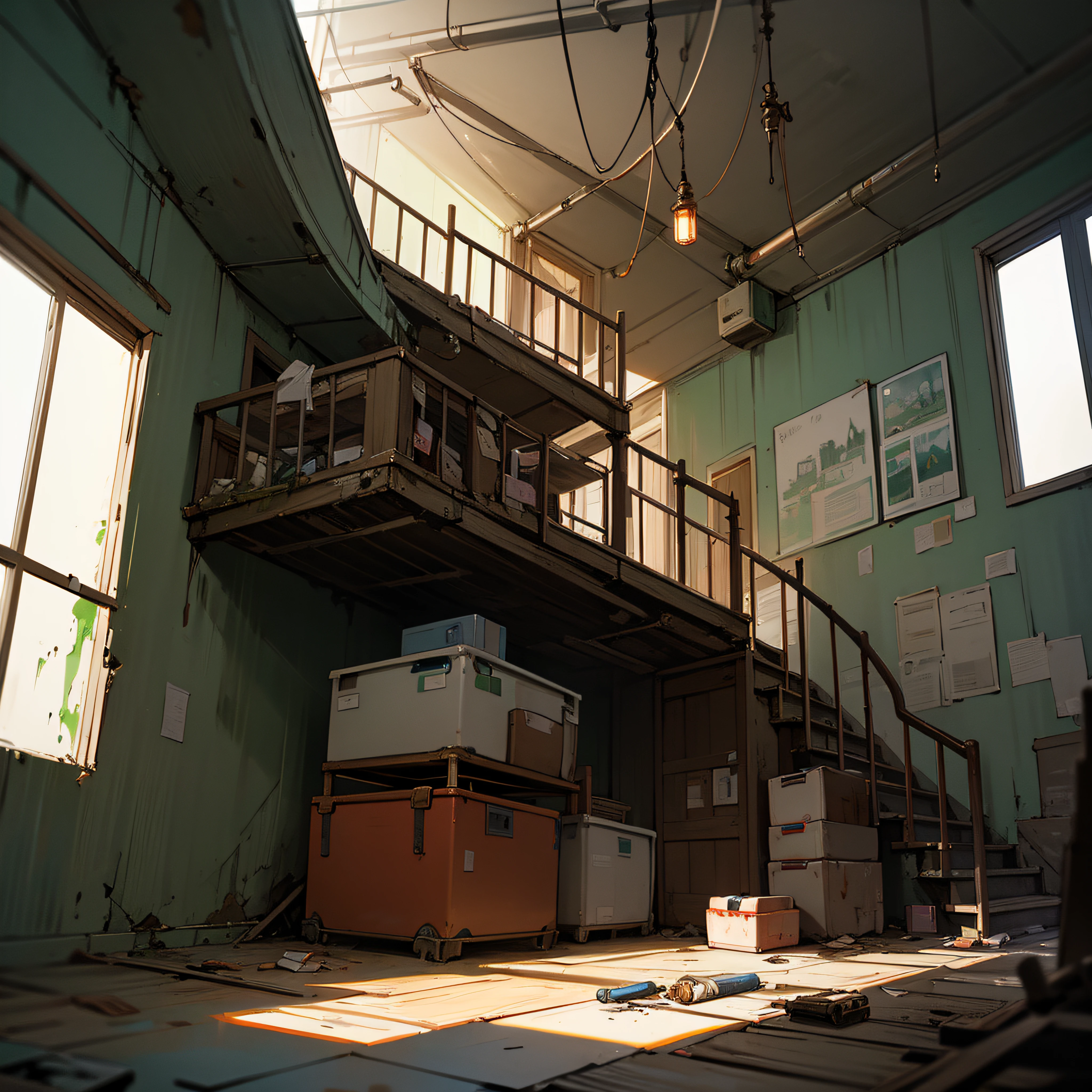 abandoned houses、warehouse、Dojunkai Apartment Surreal and very detailed illustration、Image with objects very loaded、Viewpoint from below、Dirty cement stairs with cracks、a trash can、Metal wall、cables、pole、Rusty pipe、Wall pipe、Electricity Meter、Gray and dark walls、 Empty box、Old paper on the floor、Paint on damaged walls、Metal and rusty scrap、mechanicalparts(rusty、Brownish)、Dim lighting、Very dark landscape shadows、Red and green neon lights、moisture、、wooden、early evening、Toys、cute little、Lots of green empty bottles、tableware、Luggage storage、 --auto