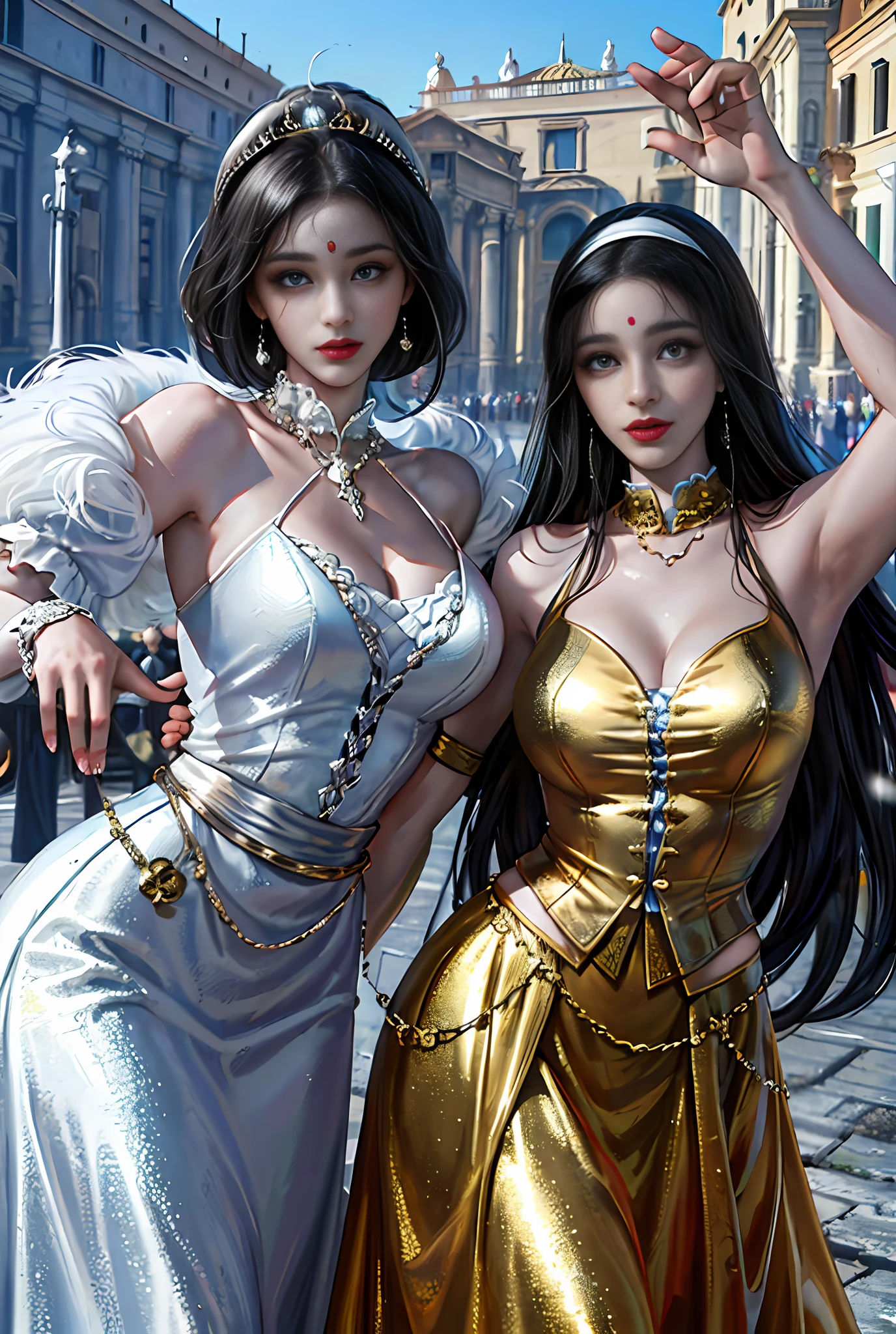 (巨作, Best quality, Realistic),
1girl huge large breasts,(on the St. Peter's Square of Vatican,crowd of), st. Peter's Square of Vatican background,gypsy dress,(Princess Eyes,shiny pupils),Dancing,  Gold, banquet, crowd of, picking up skirt,
[Slight smile],