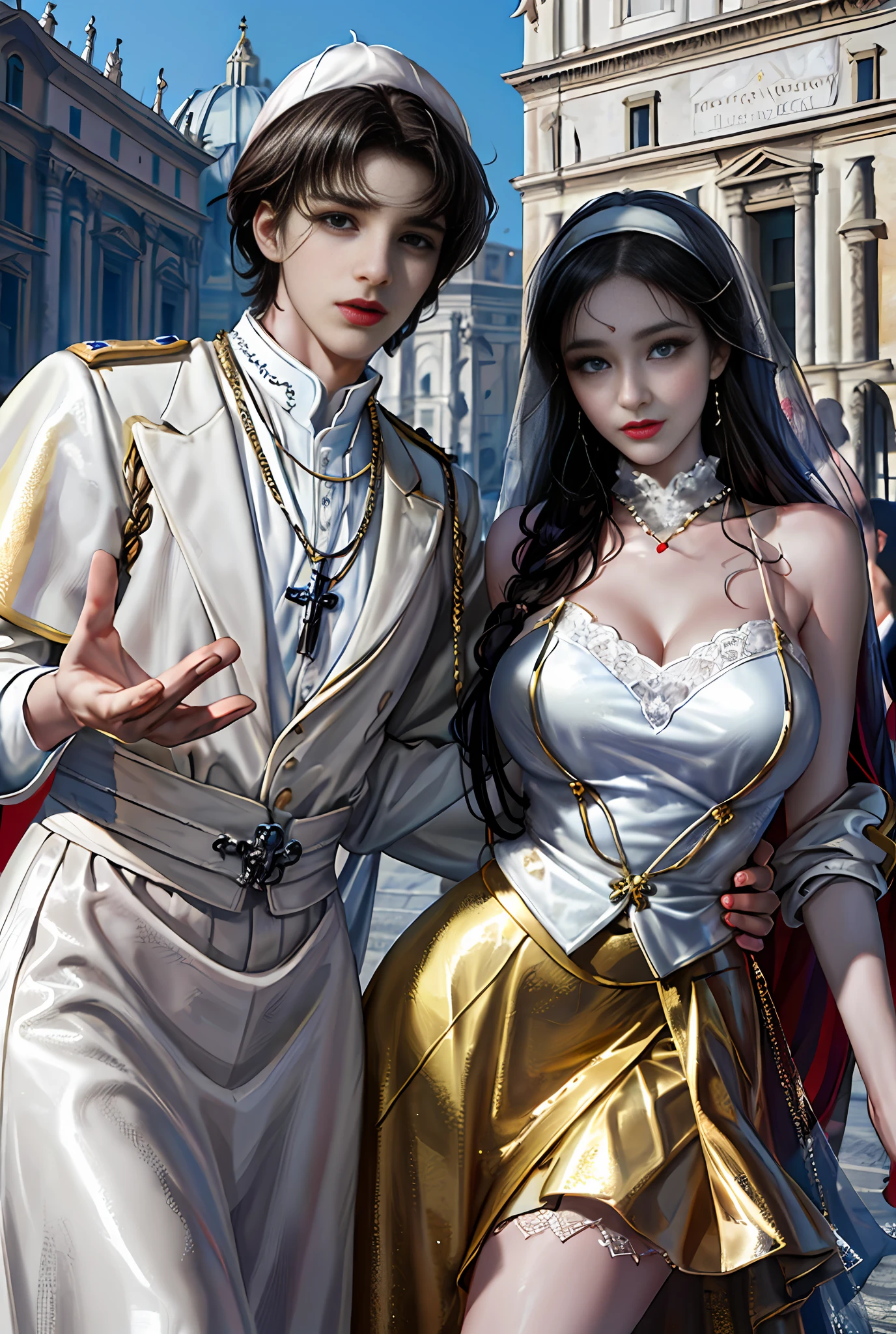 (巨作, Best quality, Realistic),
1girl huge large breasts,(on the St. Peter's Square of Vatican,crowd of), st. Peter's Square of Vatican background,gypsy dress,(Princess Eyes,shiny pupils),Dancing,  Gold, banquet, crowd of, picking up skirt,
[Slight smile],