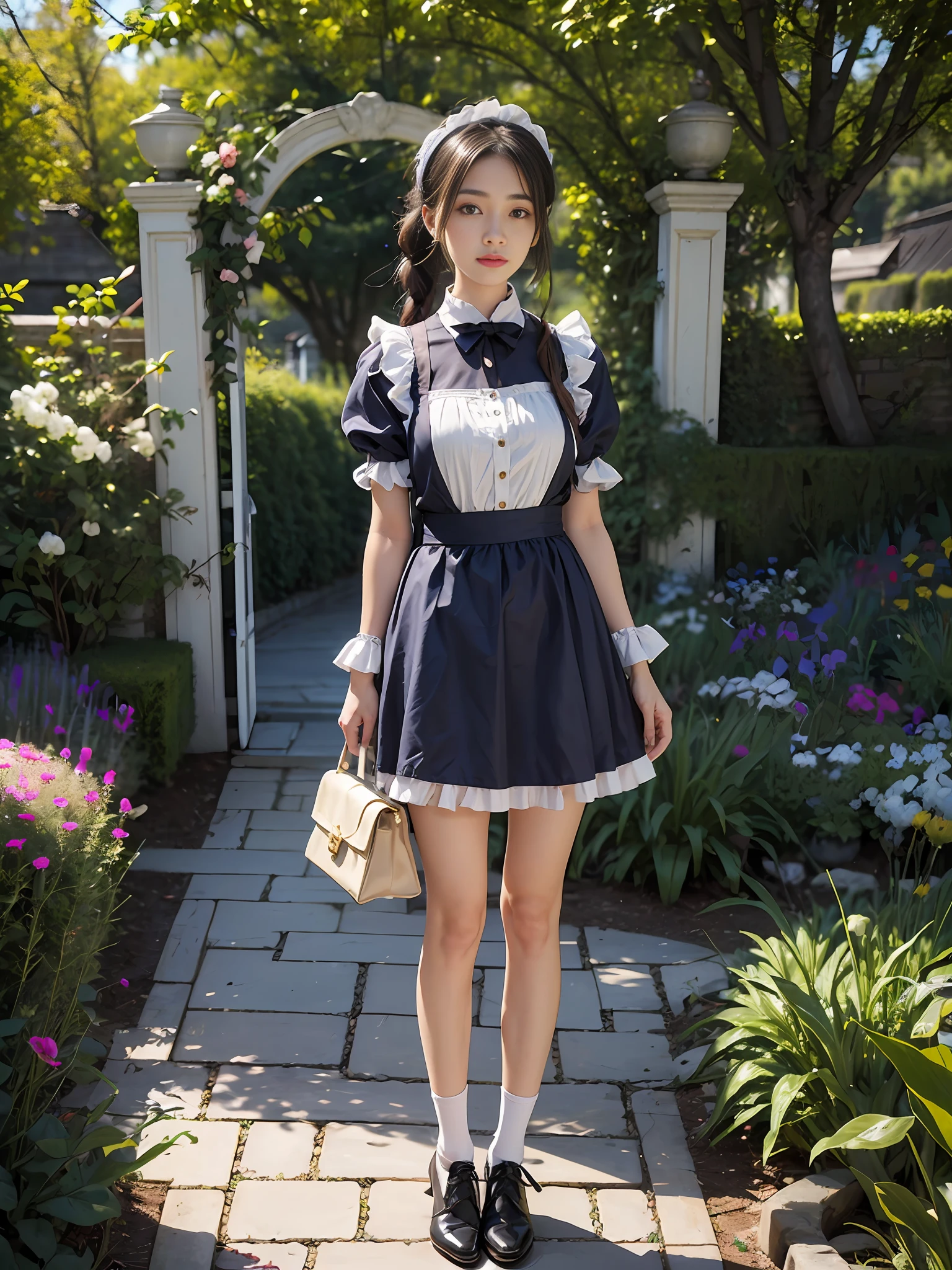beste-Qualit、masterpiece、Super-High Resolution、(a photorealistic:1.4)、Raw photo、女の子1人、British Made、Maid headband with frills、poneyTail、Braiding hair、frilled blouse、Ribbon Ties、pinafore、long skirt、puff sleeves、White silk ankle socks with frills、shining skin、Standing with a bag in front of the garden arch