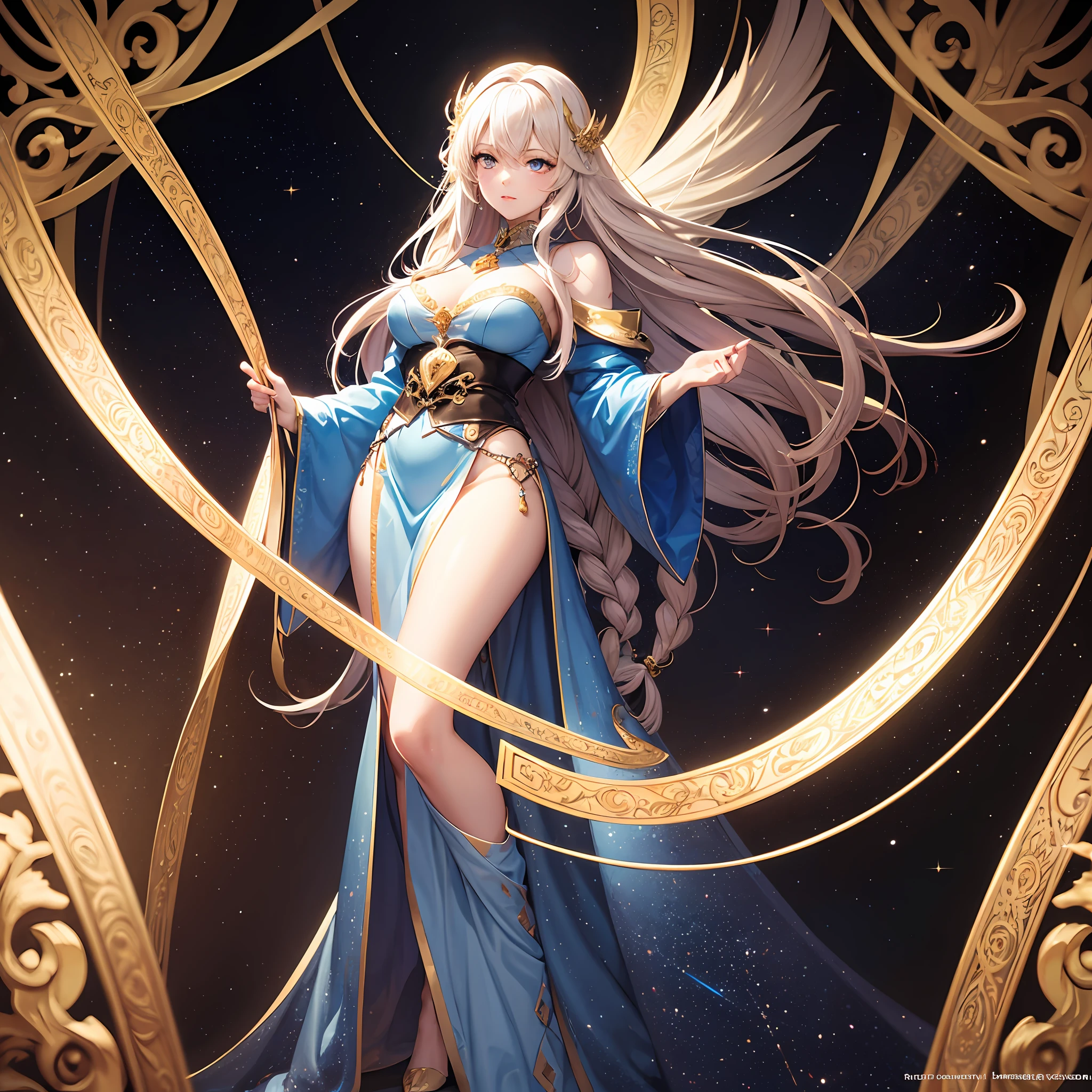 high resolution, highest quality, super high quality, super detail, ultra realistic, photorealistic, anime, illustration, fantasy, Northern Renaissance style, super beautiful goddess, mysterious, enchanting, sharp slit gold eyes, flowing layered side braided white hair, tattoos, perfect proportion, full body, wearing see-through robe embroidered with gold, background galaxy, magic circle, 
kaleidoscope, rainbow and gold neon light many lines --auto