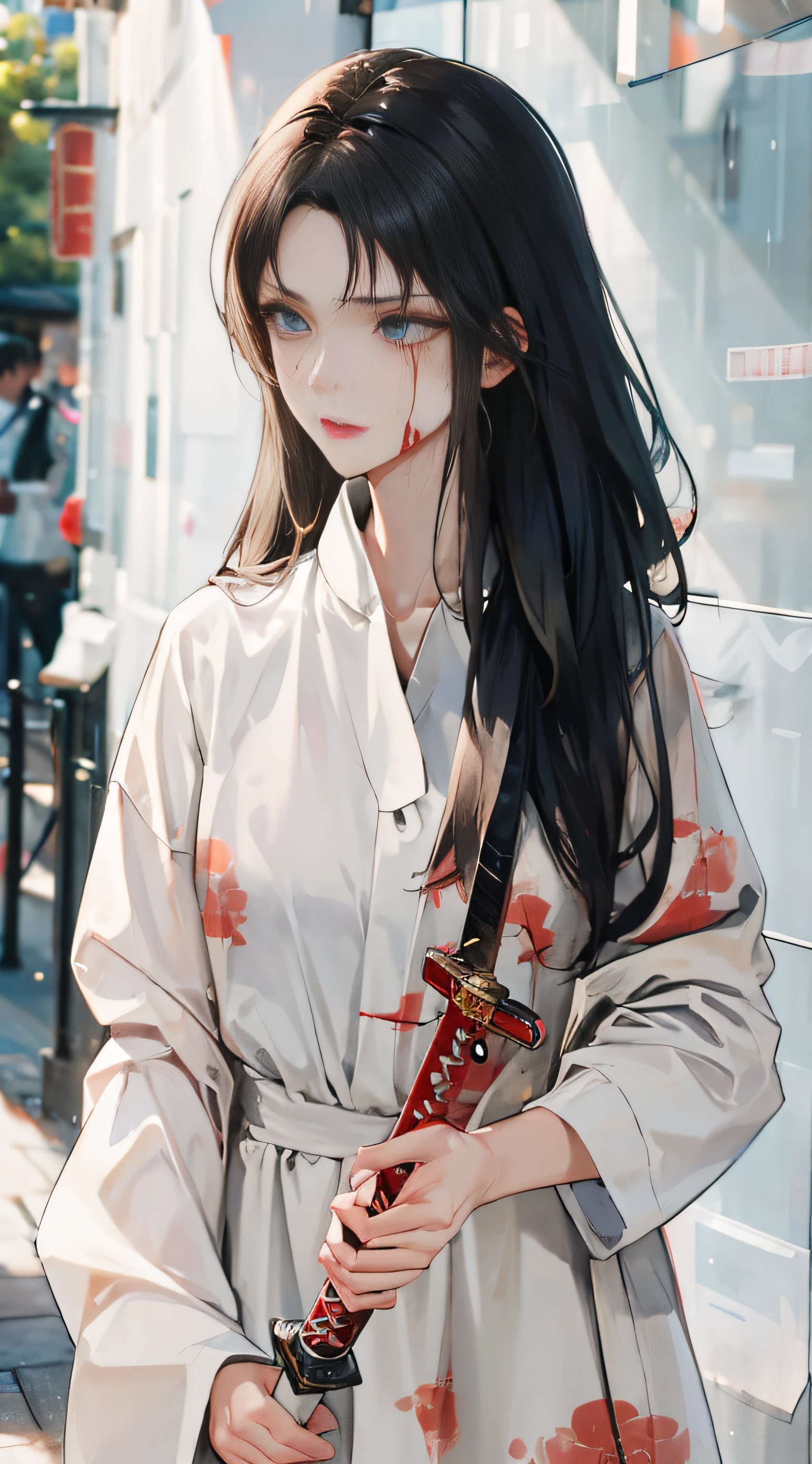 Masterpiece, Excellent, Night, Outdoor, Rainy Day, Branches, Chinese Style, Ancient China, 1 Woman, Mature Woman, Silver-White Long-Haired Woman, Gray-Blue Eyes, Pale Pink Lips, Indifference, Seriousness, Bangs, Assassin, Sword, White Clothes, Blood, Violence, Death, Injury, Blood, Facial Bloodstain, Lots of Blood, Facial Details, Facial Details,