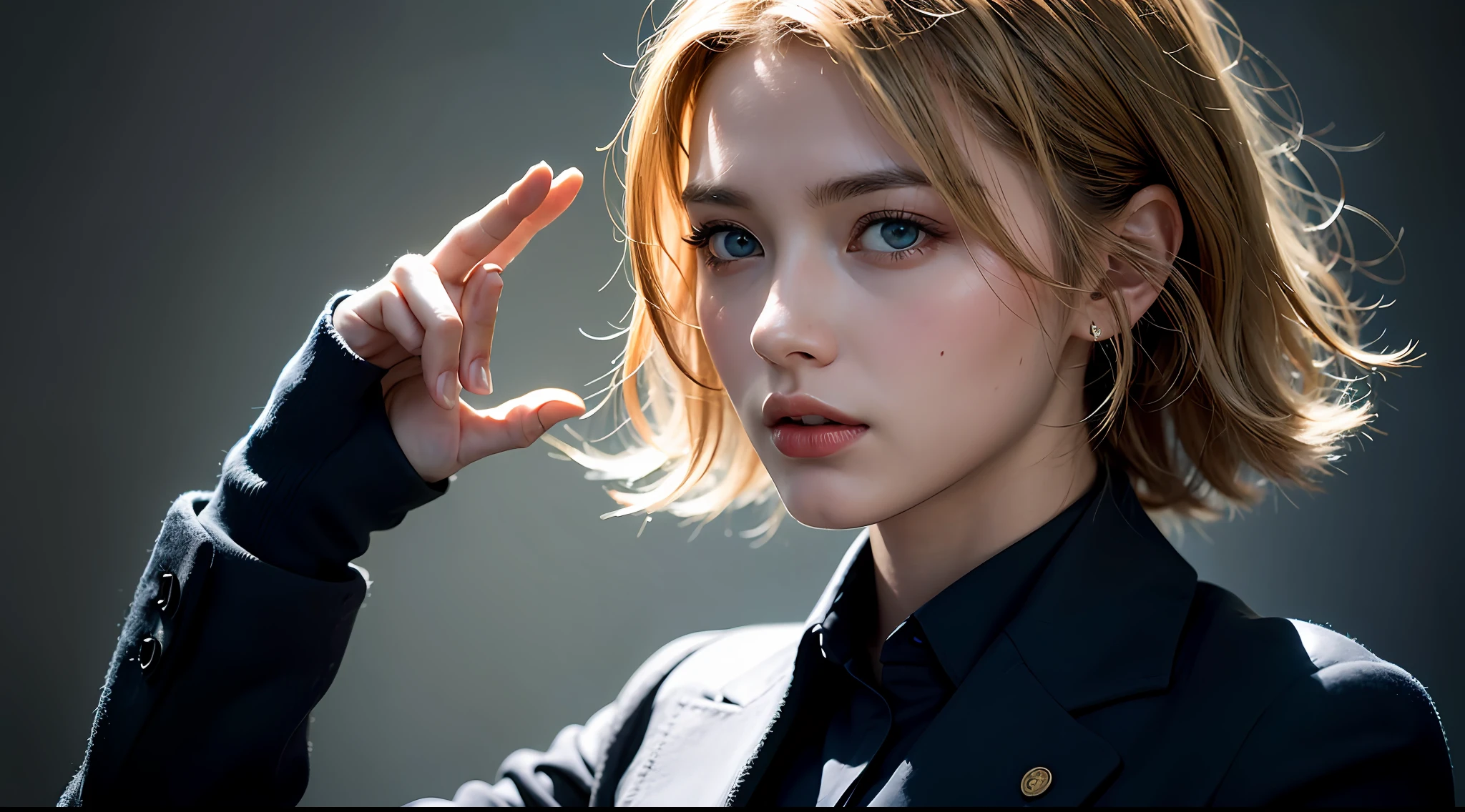 Best quality, masterpiece, ultra high res, (photorealistic:1.4), raw photo, 1girl, blonde hair, blue eyes, detailed eyes and face, black suit, dynamic lighting, in the dark, deep shadow, low key, cowboy shot full-lenght body