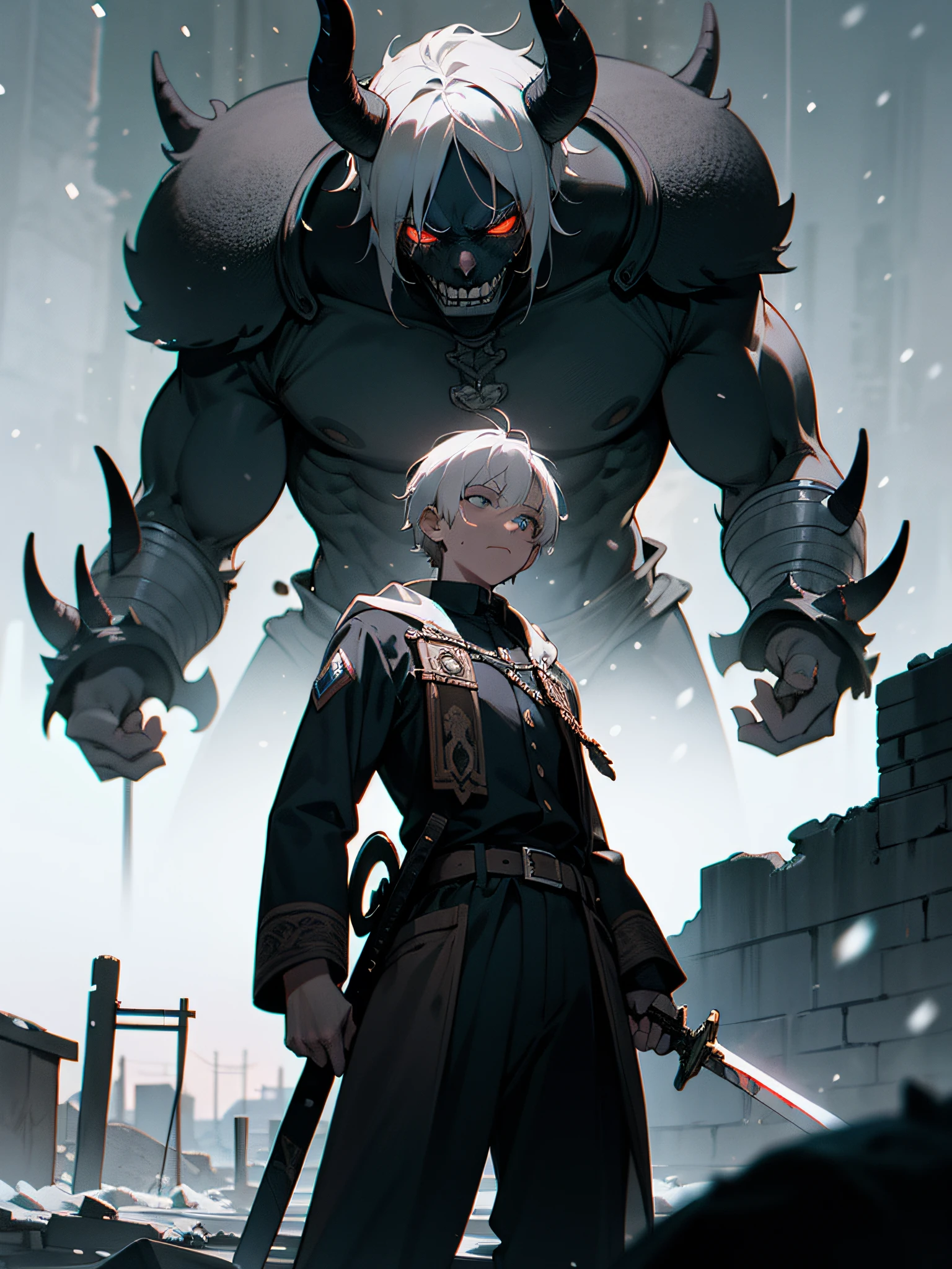 An epic scene in a desolate village reduced to ruin, it is snowing and there is a young white-haired boy who even bruised and bleeding holds a sword and faces a giant demon with dark skin and big horns