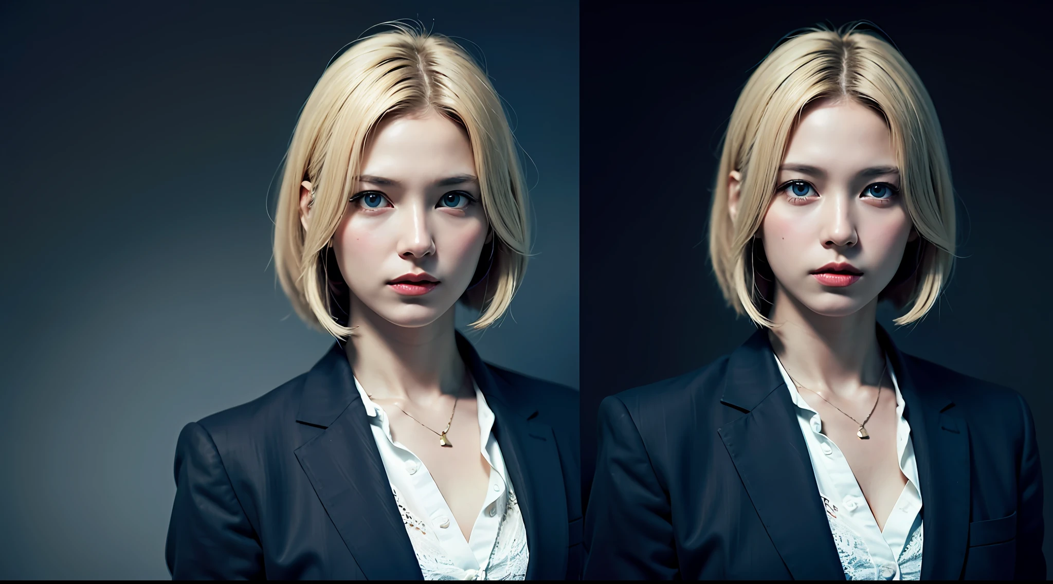 Best quality, masterpiece, ultra high res, (photorealistic:1.4), raw photo, 1girl, blonde hair, blue eyes, detailed eyes and face, black suit, dynamic lighting, in the dark, deep shadow, low key, cowboy shot full-lenght body