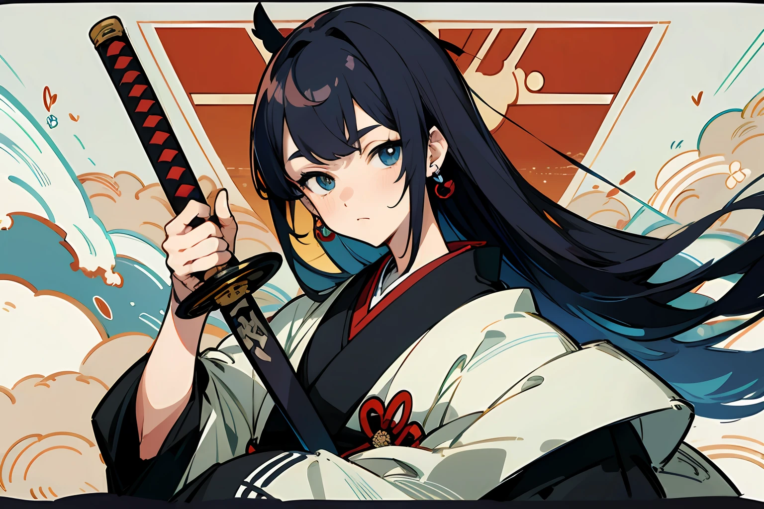 Male ager，Blue eyes, A Japanese samurai boy, Wearing a black men's kimono, holding samurai sword, Black hair, Blunt bangs, hair between eye, hime-cut, crossed bangs, hair splayed out, Straight hair, Large hair, japenese, Earrings, Expressionless, tachi-e, projected inset, Anime, Ukiyo-e, Anime style, The ultra -The high-definition, High details, High quality, Best quality, 4K