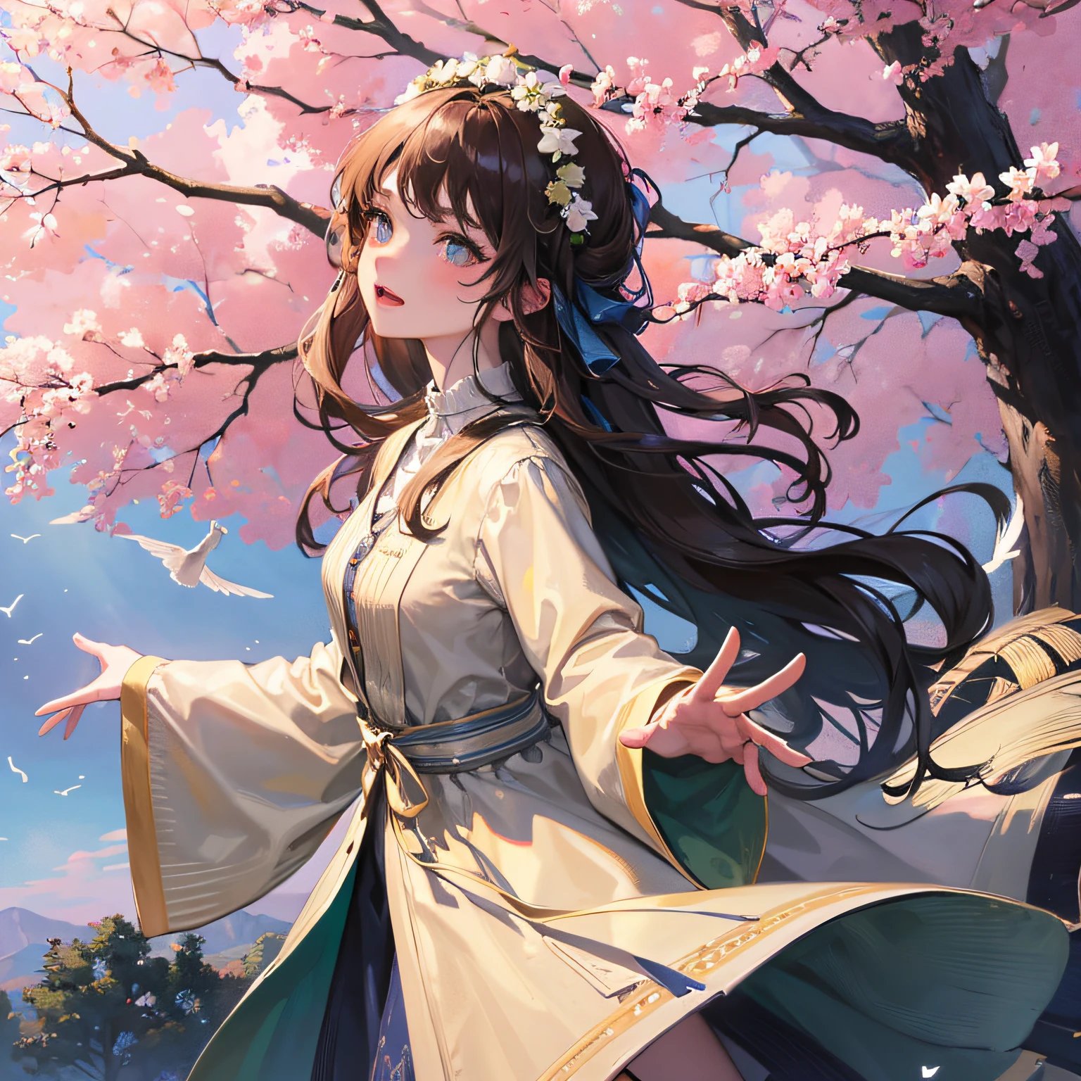 Birdsong Melody: A Girl Amidst a Flock of Singing Birds"
An image featuring a girl amidst a flock of singing birds. The girl is shown with outstretched arms, enjoying the melodic chorus of the birds. The scene is set against a picturesque backdrop of trees and blooming flowers.