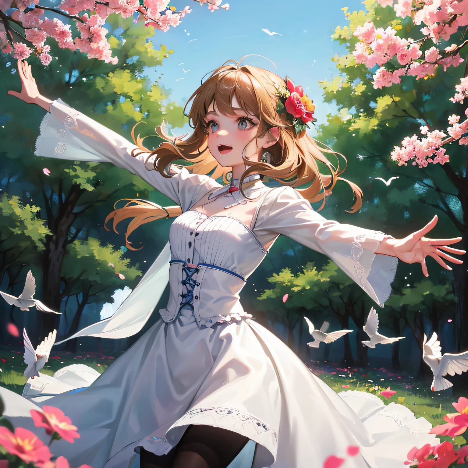 Birdsong Melody: A Girl Amidst a Flock of Singing Birds"
An image featuring a girl amidst a flock of singing birds. The girl is shown with outstretched arms, enjoying the melodic chorus of the birds. The scene is set against a picturesque backdrop of trees and blooming flowers.
