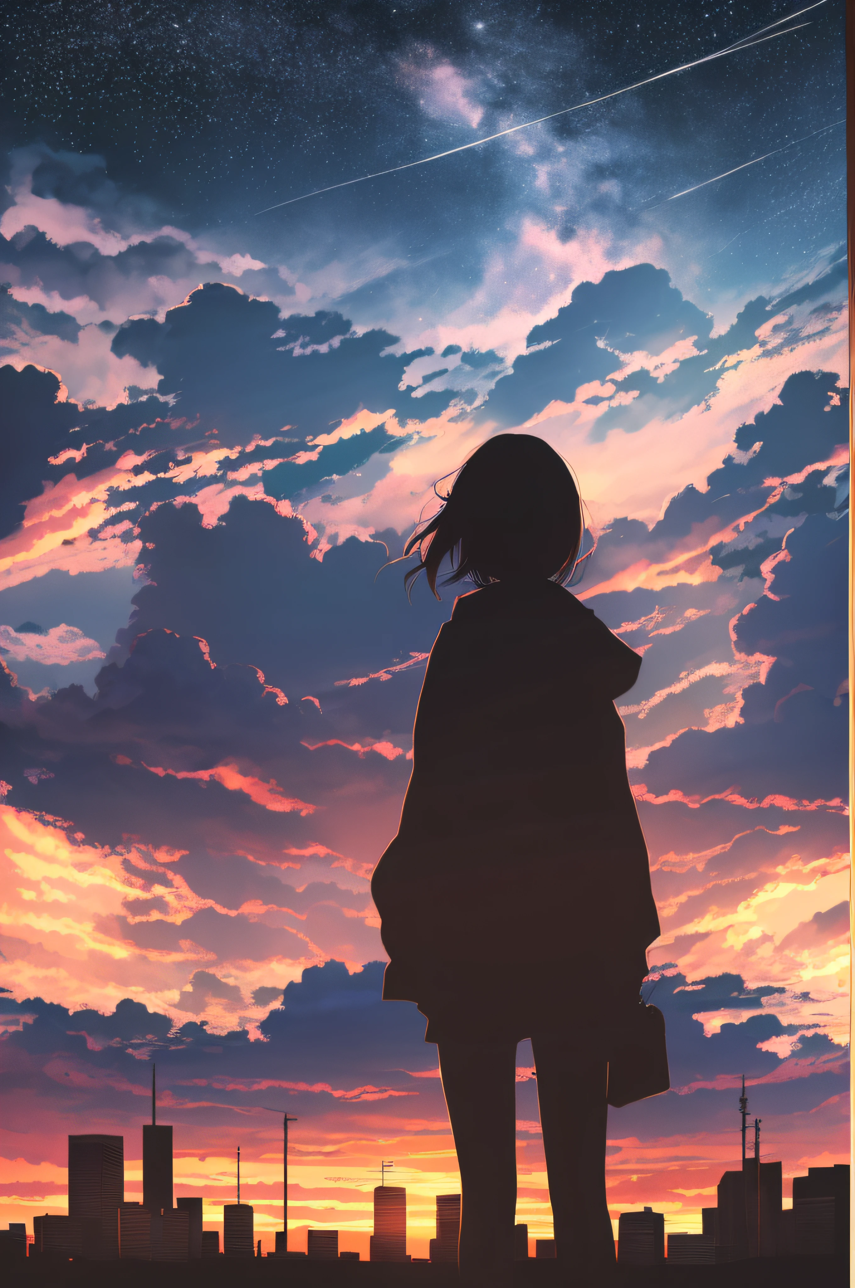 anime,silhouette,1girl, star (sky), cloud, cityscape, building, city, outdoors, skyscraper, city lights, night, night sky, sunset, skyline