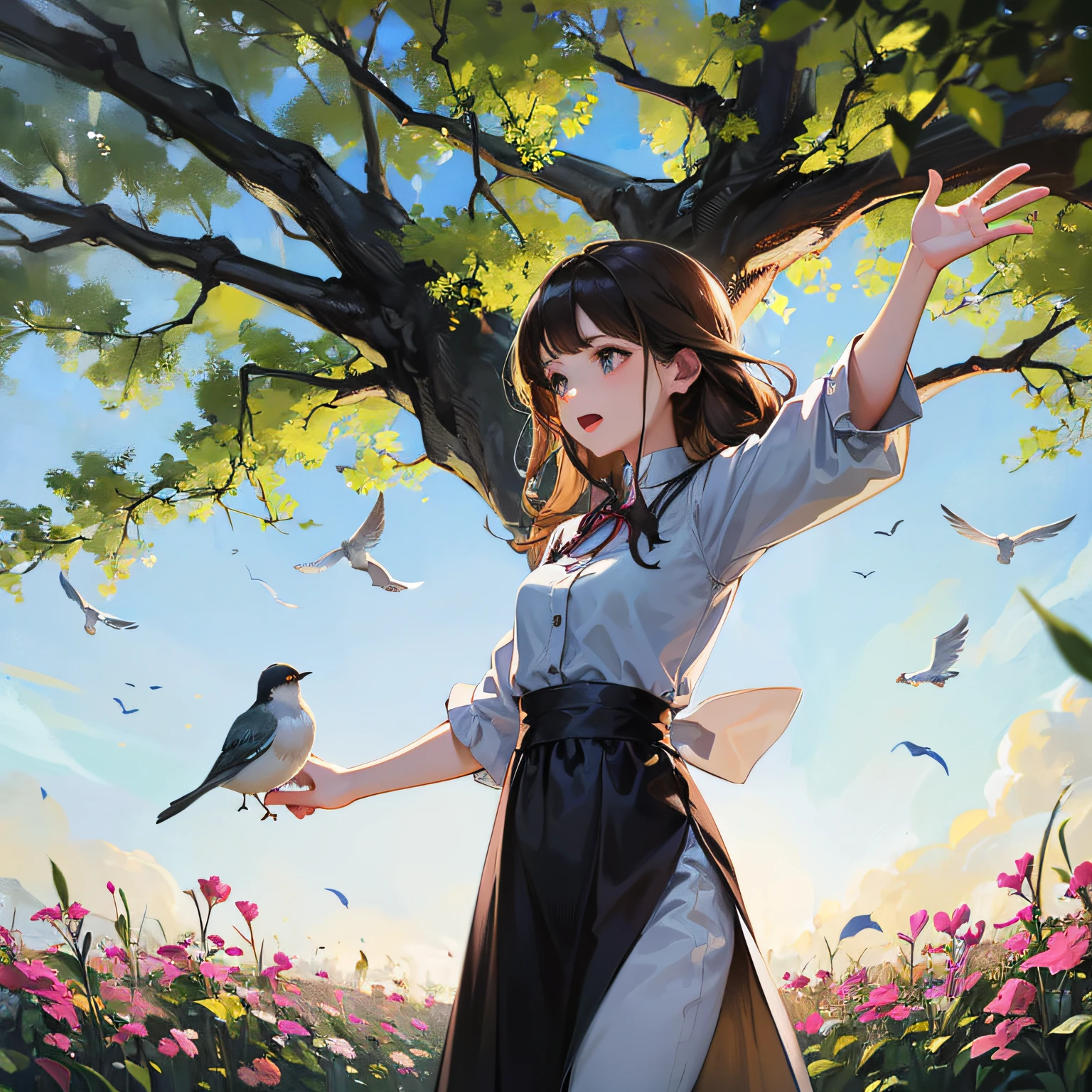 Birdsong Melody: A Girl Amidst a Flock of Singing Birds"
An image featuring a girl amidst a flock of singing birds. The girl is shown with outstretched arms, enjoying the melodic chorus of the birds. The scene is set against a picturesque backdrop of trees and blooming flowers.