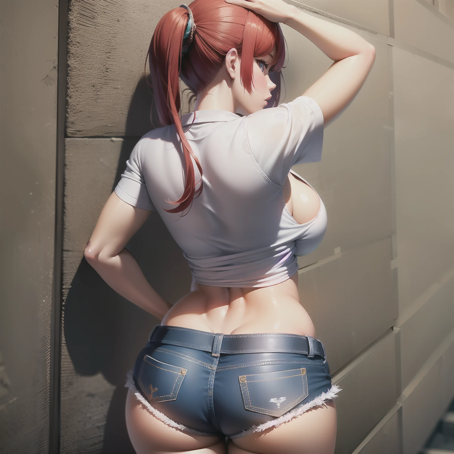 houshou marine, jean shorts, booty shorts, large breasts, twintails, red hair, ass, from behind