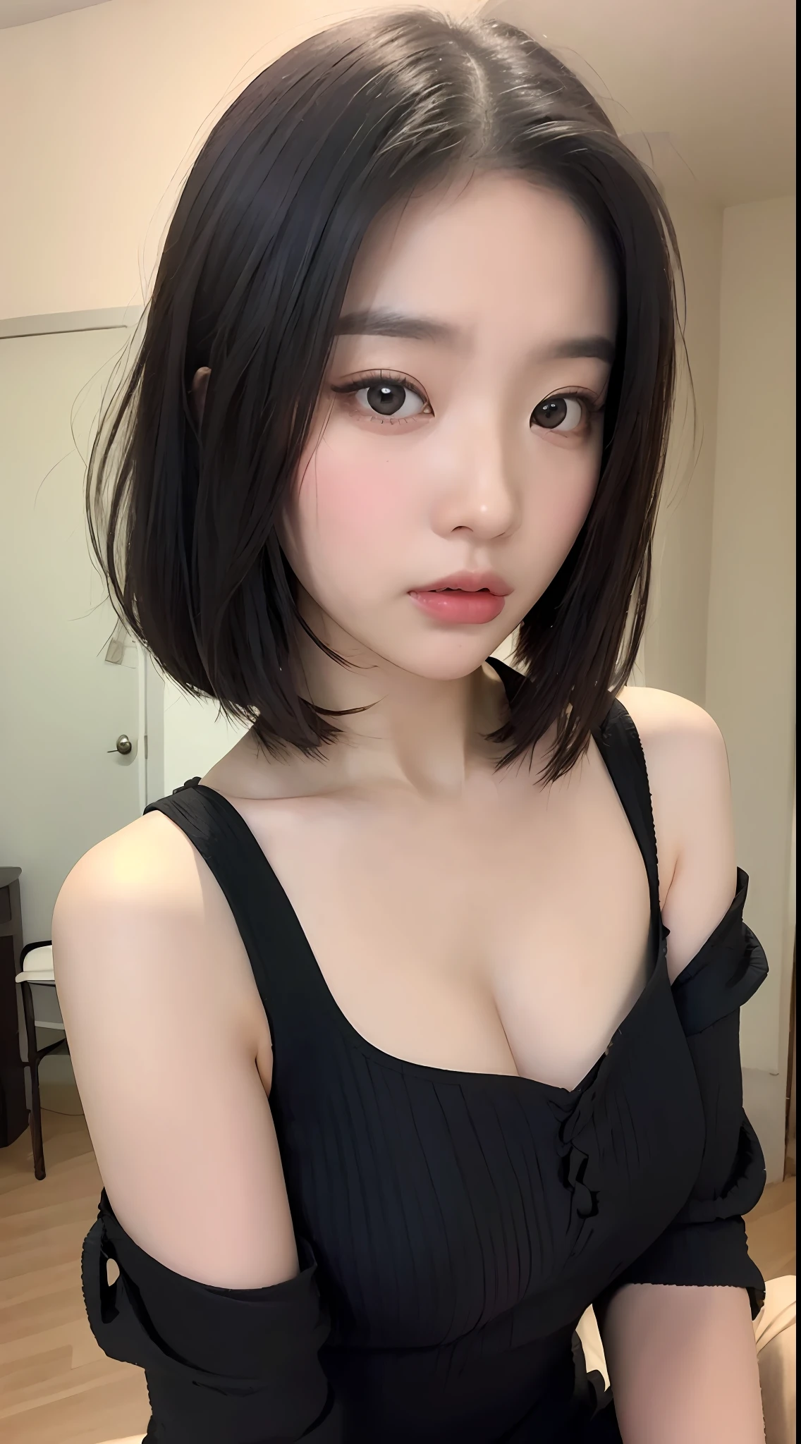 ((品质最佳, 8K, 巨作 :1.3)), Sharp focus :1.2, ((short shoulder length hair:1.2)), (ta costume:1.1 ), (inside room:1.2), Highly detailed facial and skin texture, detailed eye, 双眼皮，Close-up，Seductive expressions，Eyes are confused，Flushed complexion，Lewdness，