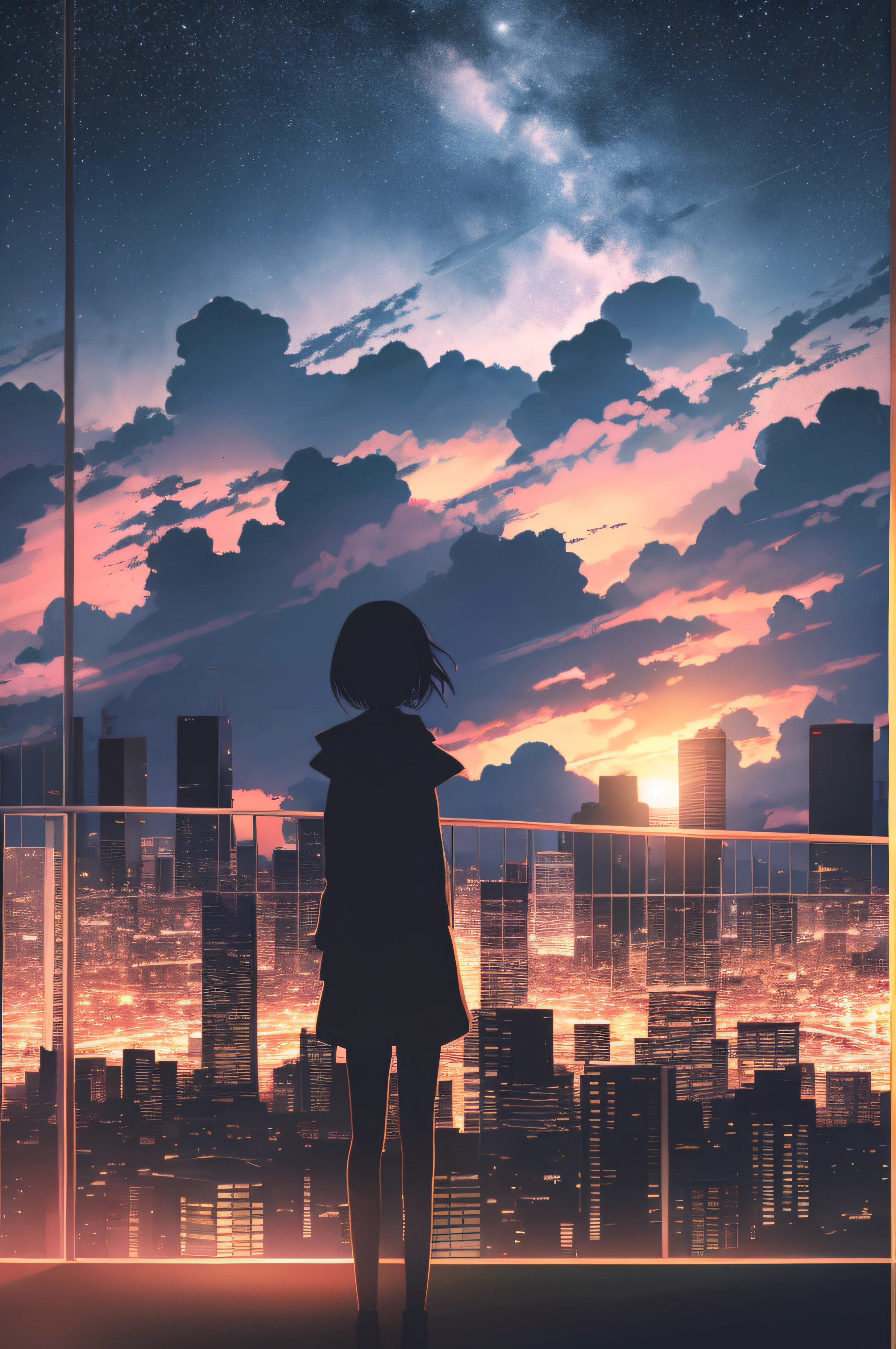 anime,silhouette,1girl, star (sky), cloud, cityscape, building, city, outdoors, skyscraper, city lights, night, night sky, sunset, skyline
