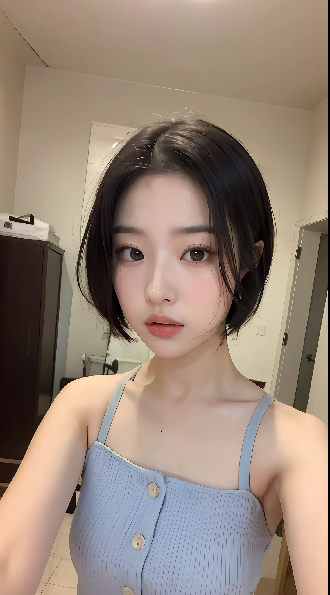 ((品质最佳, 8K, 巨作 :1.3)), Sharp focus :1.2, ((short shoulder length hair:1.2)), (ta costume:1.1 ), (inside room:1.2), Highly detailed facial and skin texture, detailed eye, 双眼皮,Close-up,Seductive expressions,Eyes are confused,Flushed complexion,Lewdness,
