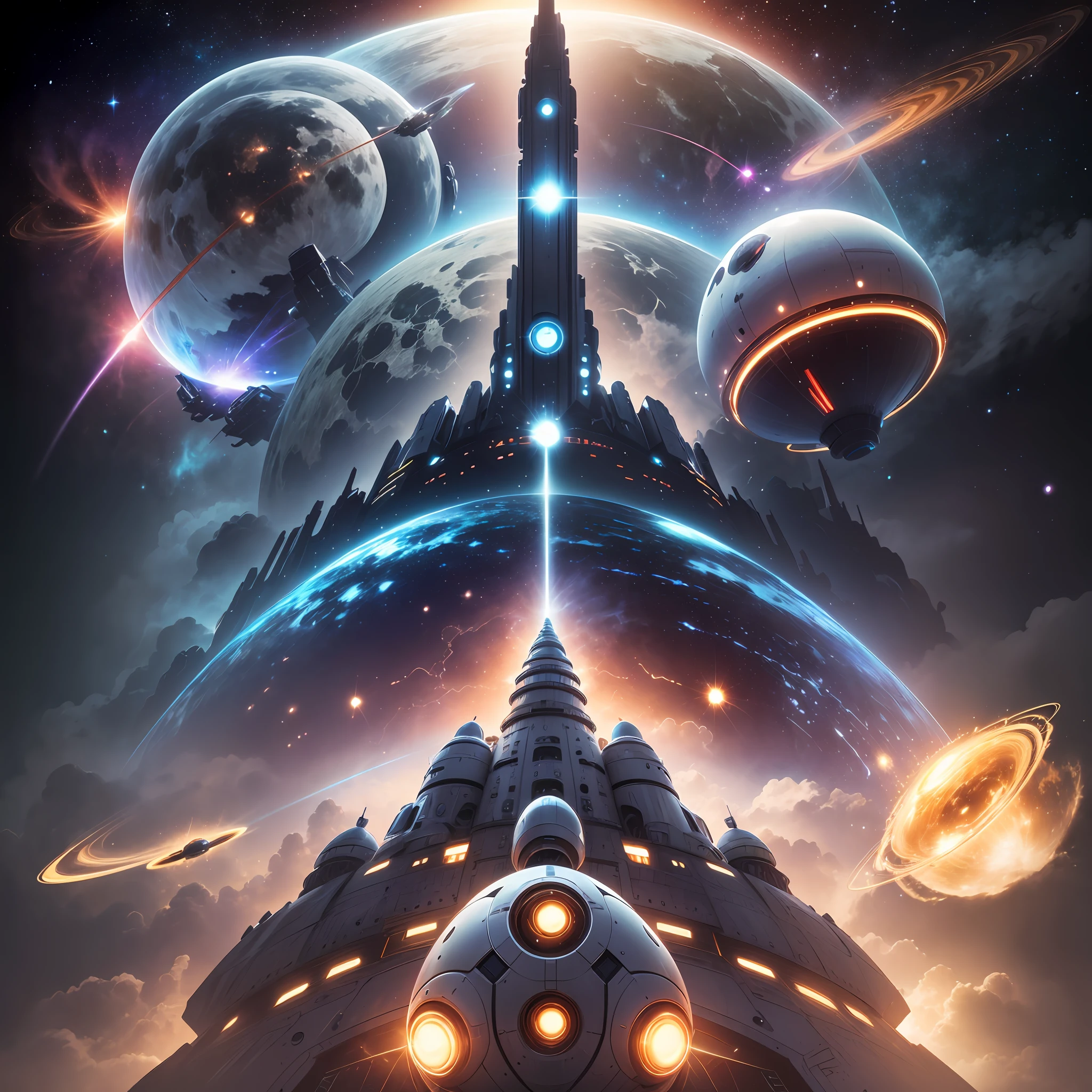 Space battleship、sci-fi movie、A futuristic world、Science fiction universe space、Bank Starfield、Saturn ring、Tech shines、Light energy magnetic levitation、Quantum collision、Time travel、ultra high def、hyper-detailing,Deep view、Lagrange --auto --s2