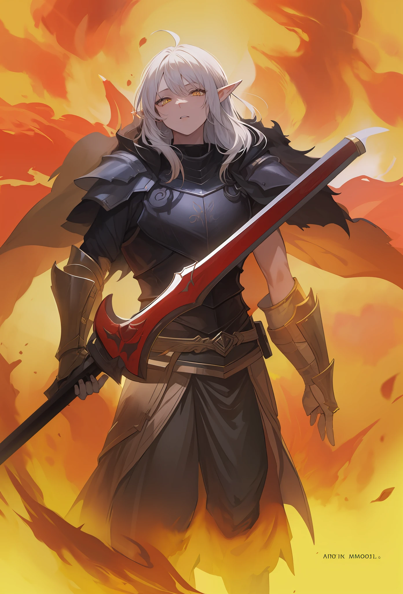 Masculino, pele morena,elf, olhos amarelo,4k,no meio do fogo, Dark kingth armor Full body, Dark fantasy, segurando uma espada,tons de calor