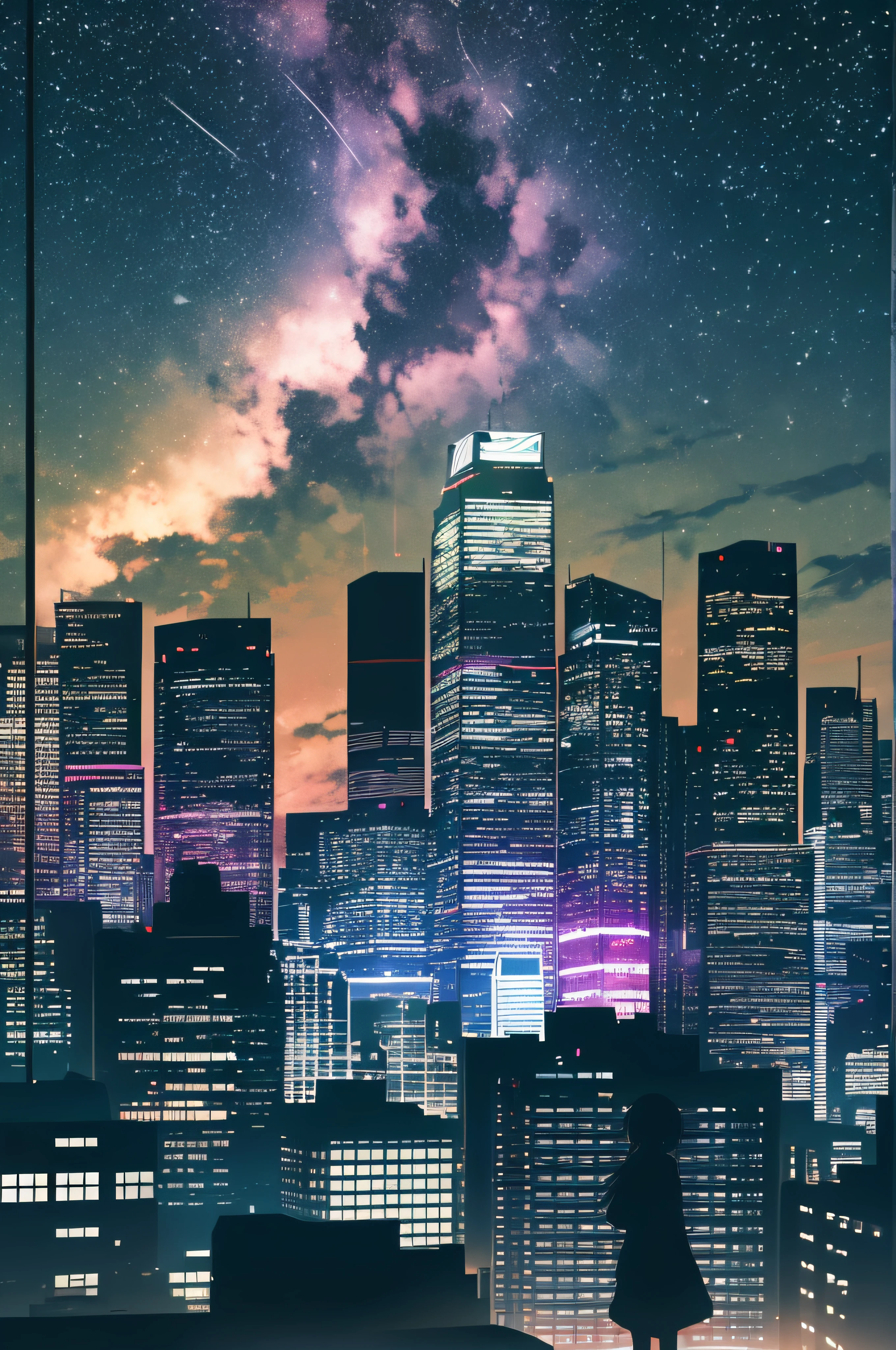 anime,silhouette,1girl, star (sky), cloud, cityscape, building, city, outdoors, skyscraper, city lights, night, night sky, sunset, skyline