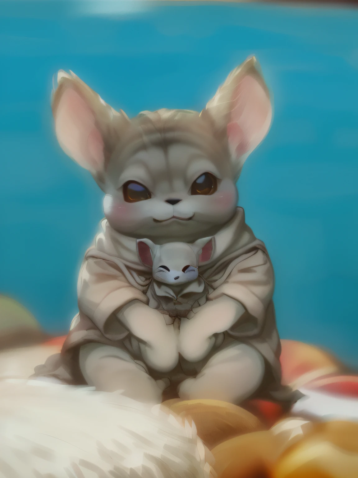 there is a small chinie sitting on a blanket with a teddy bear, chinchila animal, bigodes curtos cinza claro, orelhas cinzentas, bochechas grandes!, pele manchada cinza, pale pointed ears, bochechas grandes, bochechas cheias, Olhar peruano, muito bobo olhando, feliz grande chungus, Grande Chungus, bochechas rosadas, young handsome pale roma, bochechas redondas