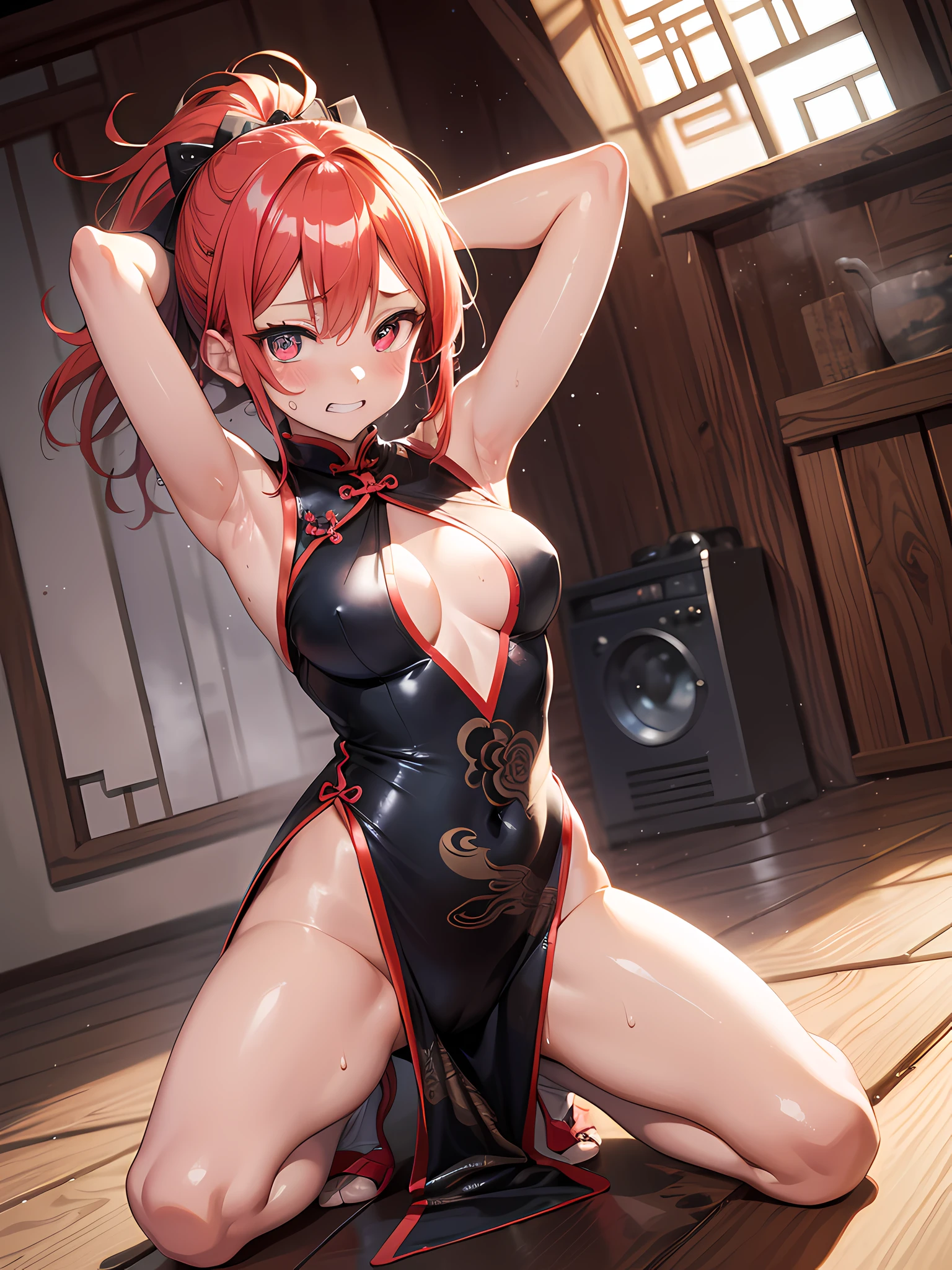 ((masutepiece)), ((Best quality)), (Ultra-detailed), ((kawaii)), cute, (lovly), ((Sexy)), (Ero), ((Extremely detailed)), 4K, (8K), Best quality, (Beautiful), Illustration, Anime style, Painting, Dynamic Angle, Full body, gradients, (kung-fu squat:1.2), (Float your hips in the middle), (Open legs), (Fold your hands behind your head:1.2), In a room in Chinese style, Cute s, 1girl in, Chinese dress, Solo, Beautiful red hair, Beautiful red eyes, ((Beautiful eyes)), big chest out, poneyTail, Cool, blushed face, Sweat, gritted teeth, steam, sparkling effect, Lens Flare, shiny-glistening, gleaming
