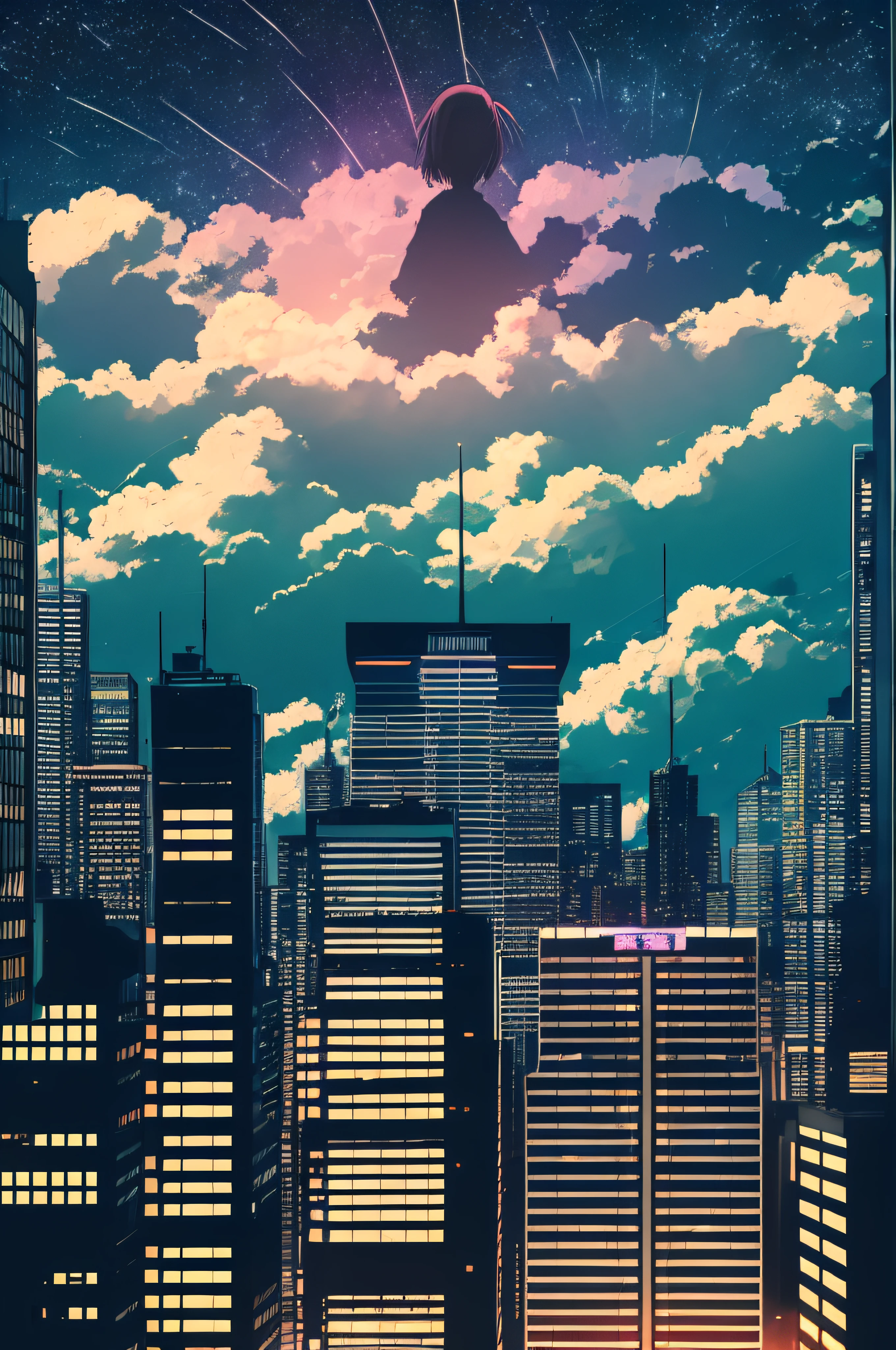 anime,silhouette,1girl, star (sky), cloud, cityscape, building, city, outdoors, skyscraper, city lights, night, night sky, sunset, skyline