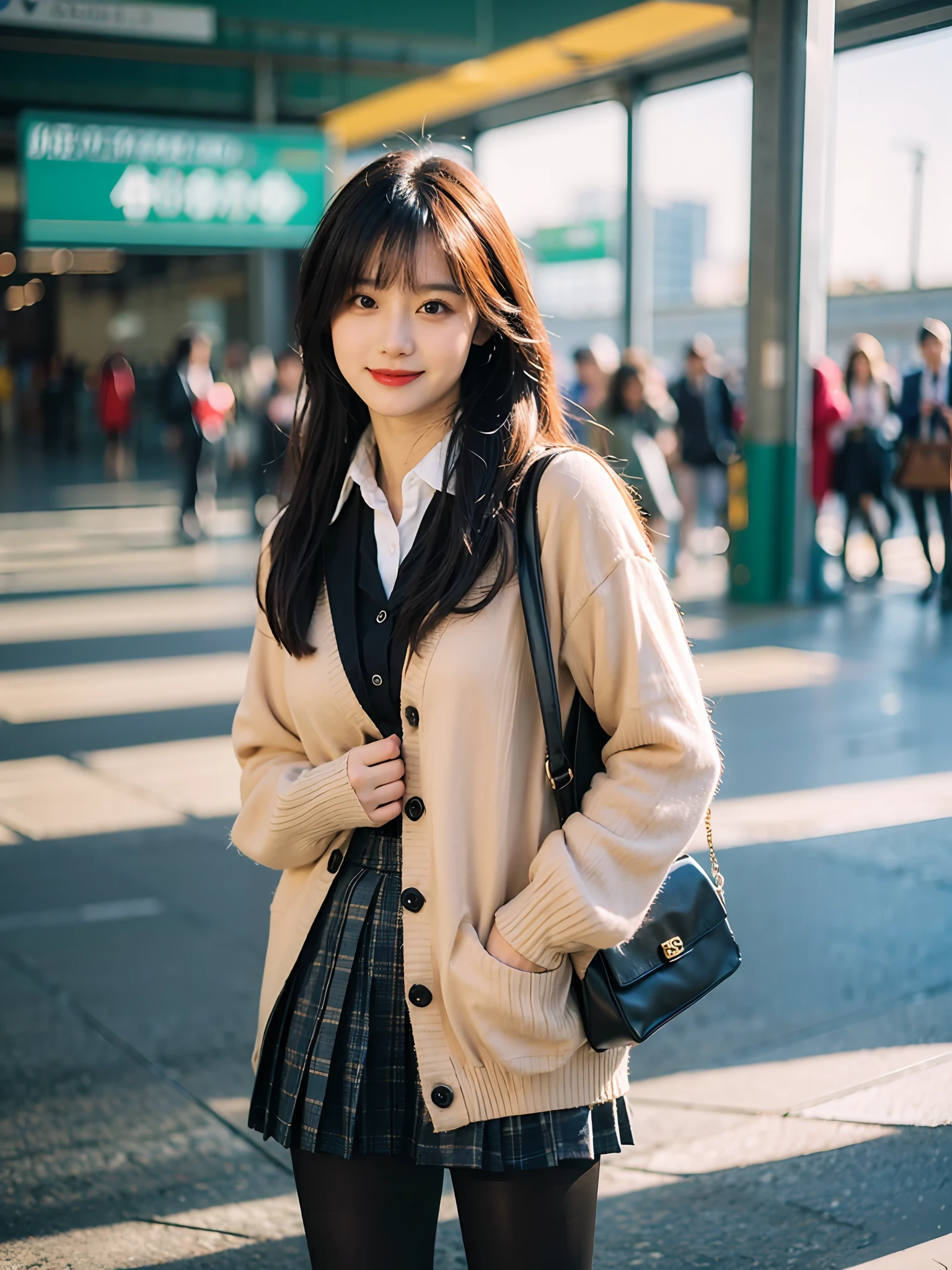 Best quality,Masterpiece,super high res,RAW photograph,Detail face,Detailed skin, (Realistic, photo- realistic:1.3),Dramatic lighting,19girl,solo,Full body,walking,airport,Terminal,Outdoors,look viewer, Smile,Long hair, bangs,ature female, milf,Narrow waist, skinny,open clothes,(Black pantyhose:1.5),Black jacke,School Uniform,long sleeve, sleeves past wrists,Collared shirt, Pleated skirt,Black skirt, Very short miniskirt,plaid skirts,bag,Shoes, Black footwear, Blazer,Cardigan,plaid, school bag,tiese,Streets,afternoon,nature light,lensflare,windy,