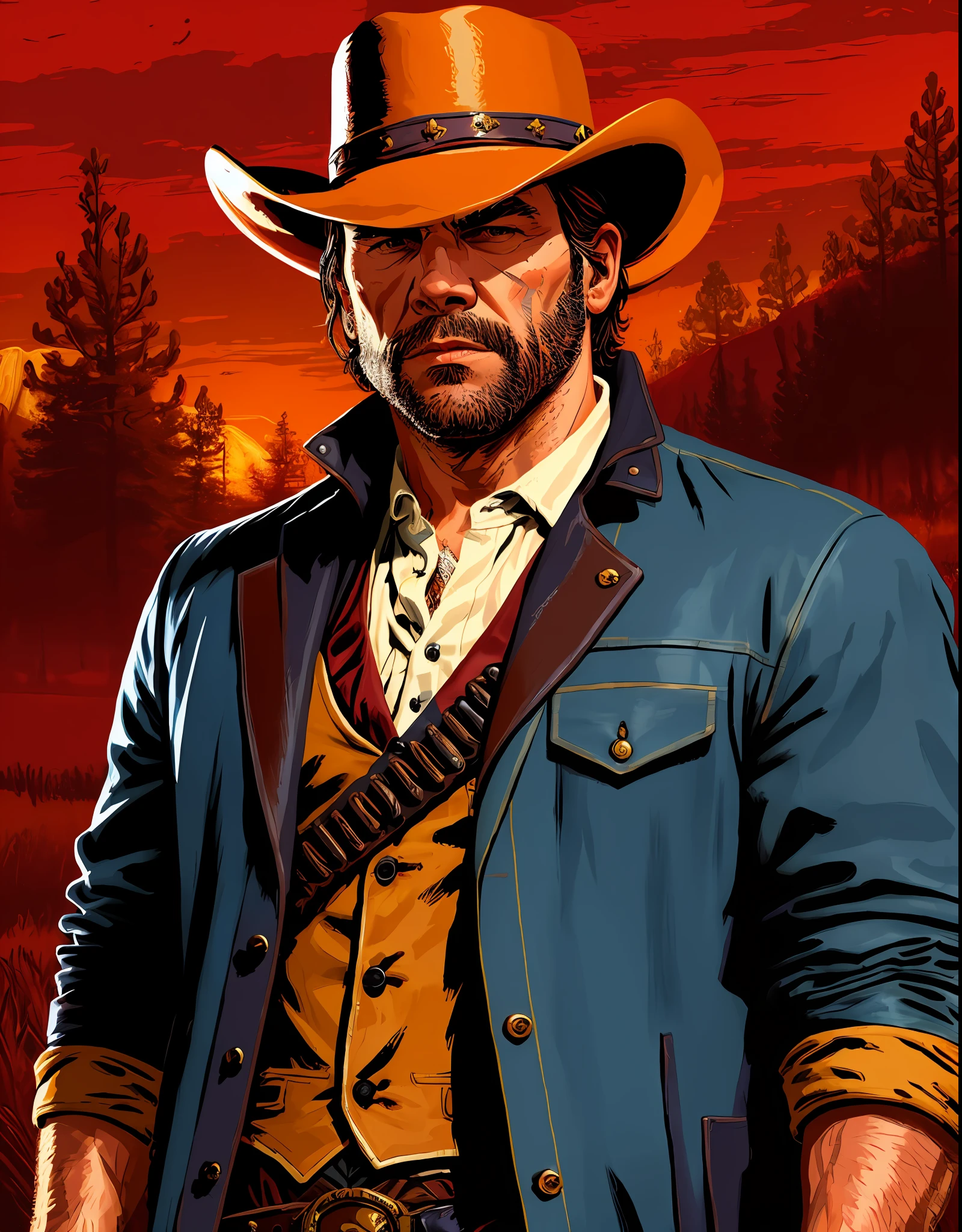 R3DD34Dstyle, retrato digital, arthur morgan, with encouragement, cowboy hat, jaqueta marrom, camisa azul, red skies,