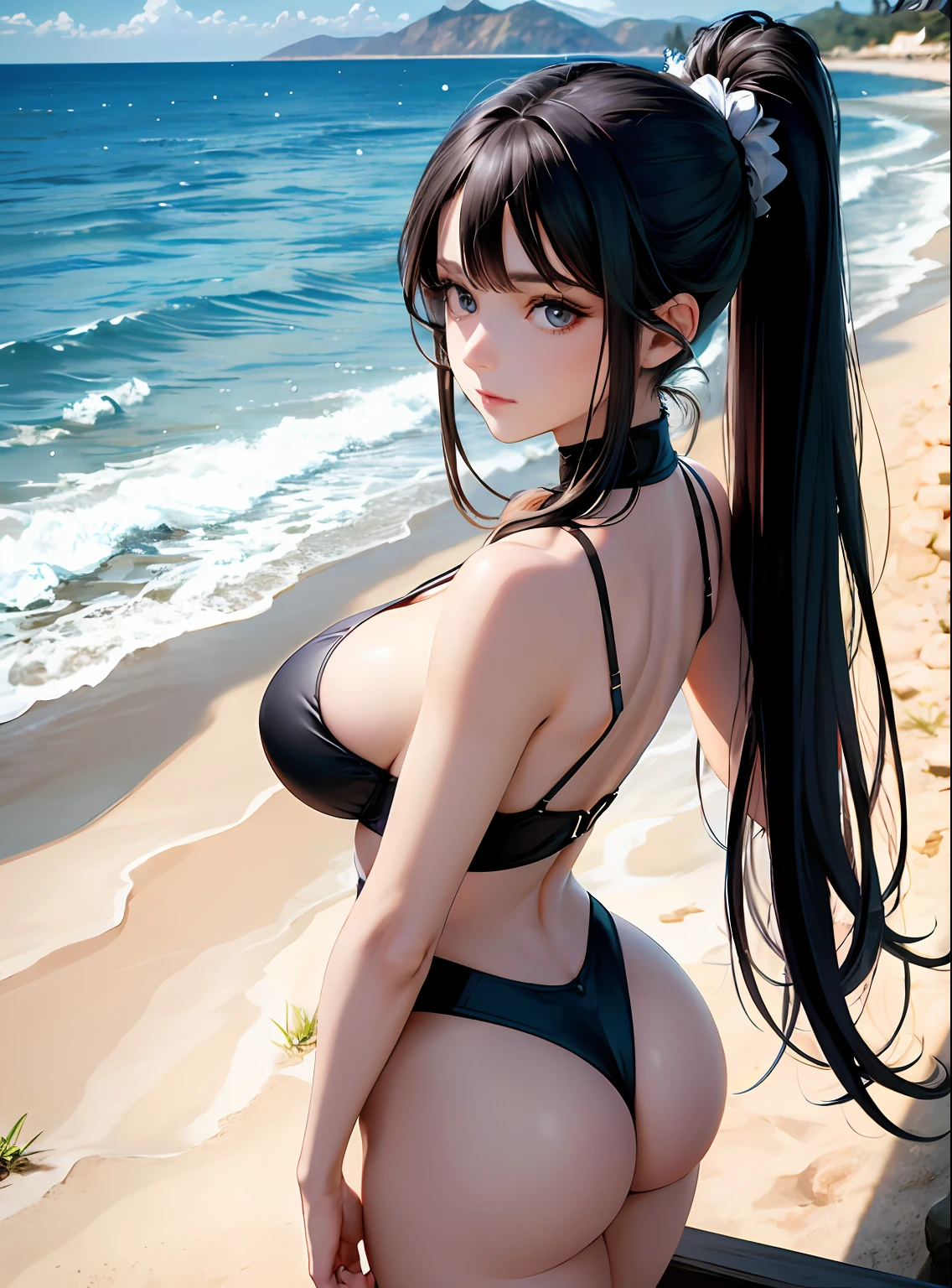 Mature female, cabelos pretos, cabelos muito longos, rabo-de-cavalo, olhos azuis, corar, sorrir, corpo inteiro, foco na bunda, medium breasts, quadris largos, coxas grossas, random outfit, lago, 1Menina, master part, best quality, (Altas), absurdos, 4k, 8k, 16k, beautiful face, Corpo bonito, symmetrical face, gorgeous, olhos profundos, sombreado realista, atordoante, intrincado, hiper-detalhado, altamente detalhado, Sharp, liso, foco nítido, Realistic, anime, manga, ((olhos anelados)),