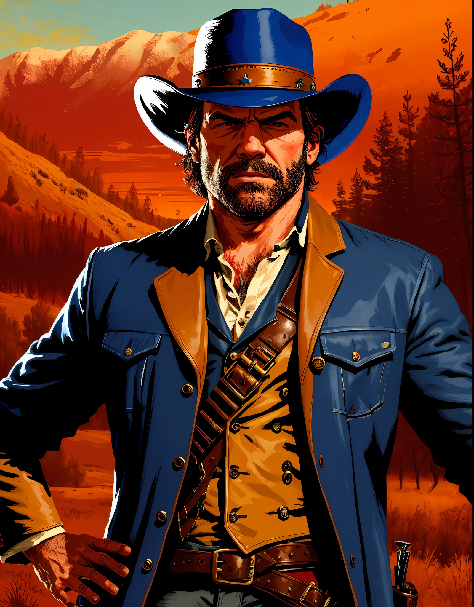 R3DD34Dstyle, retrato digital, arthur morgan, with encouragement, cowboy hat, jaqueta marrom, camisa azul, red skies,