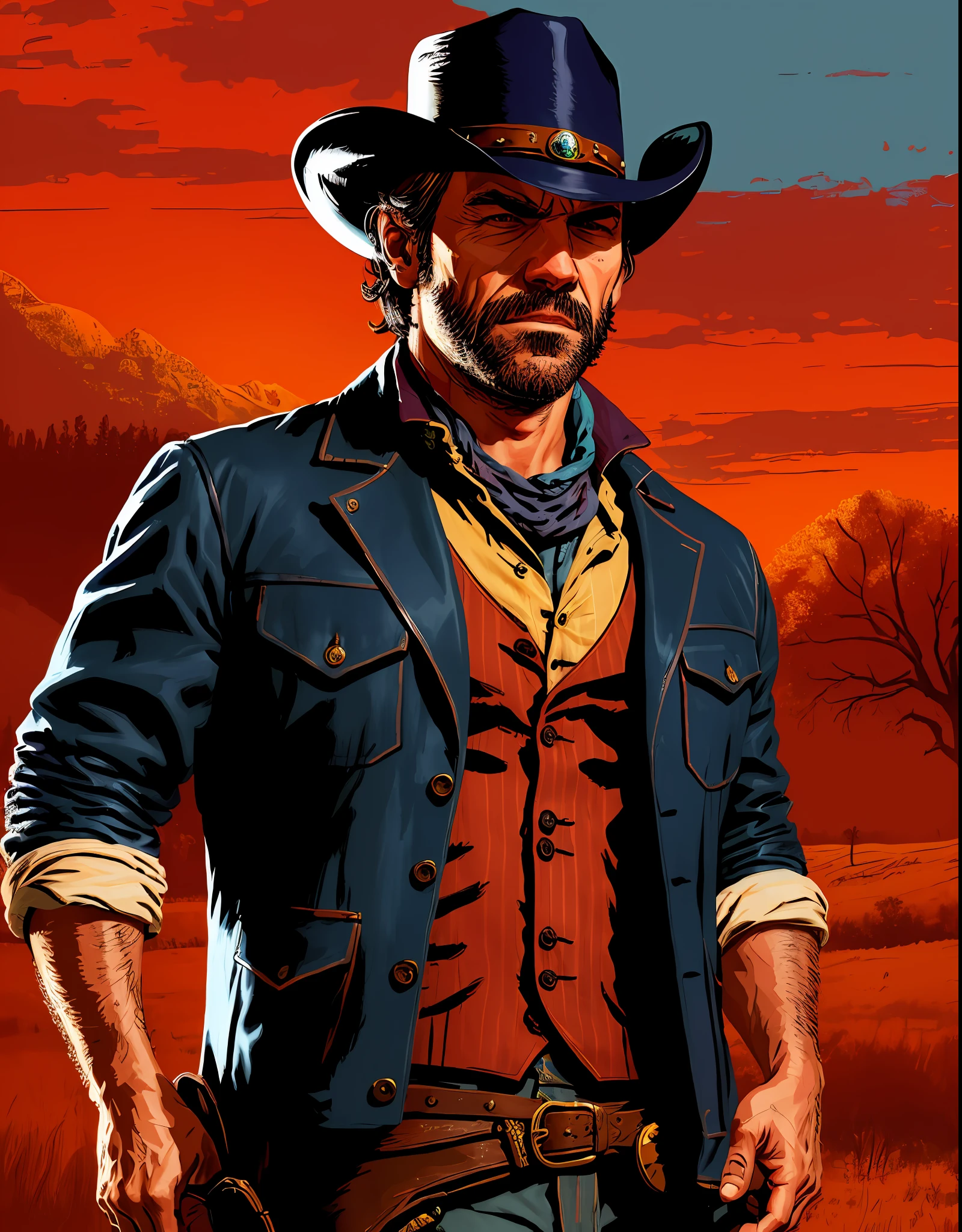 R3DD34Dstyle, retrato digital, arthur morgan, with encouragement, cowboy hat, jaqueta marrom, camisa azul, red skies,