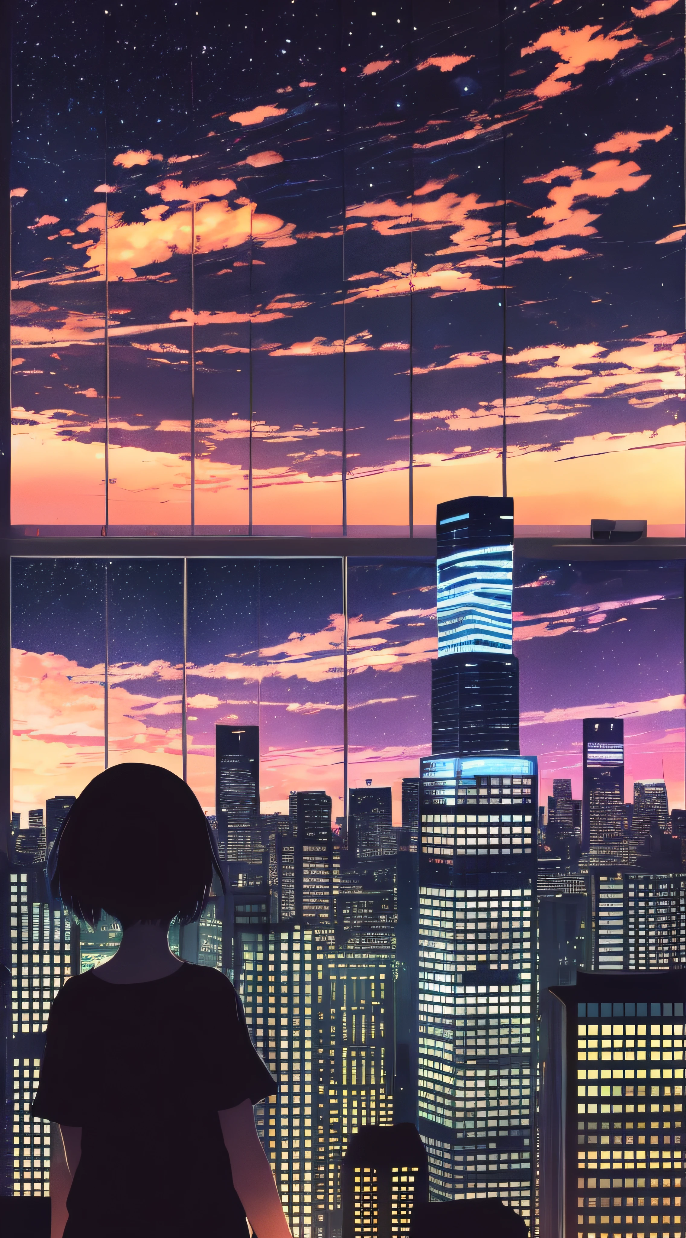 anime,silhouette,1girl, star (sky), cloud, cityscape, building, city, outdoors, skyscraper, city lights, night, night sky, sunset, skyline