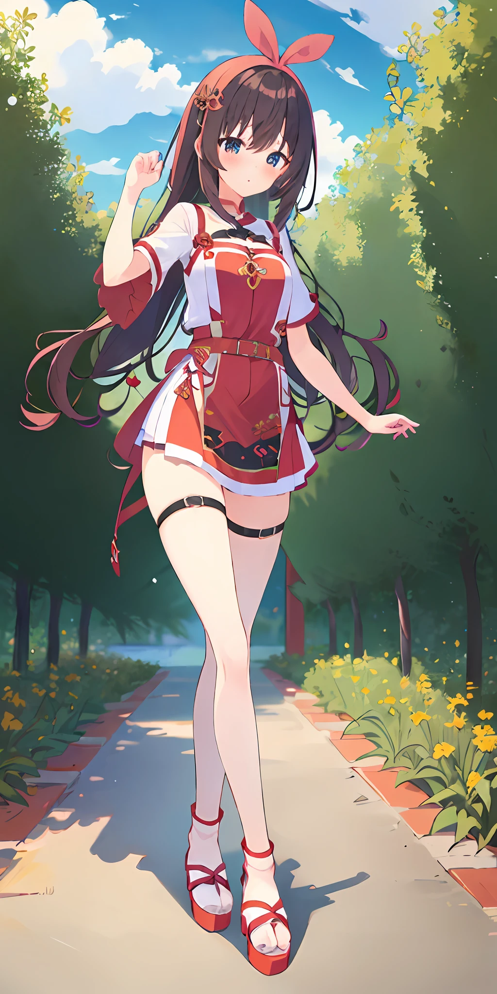 1girl, solo, masterpiece, highest quality, 8k, , garden of eden background, wearing only Japanese apron, bare legs, sexy legs, bewitching thighs, blushing slightly