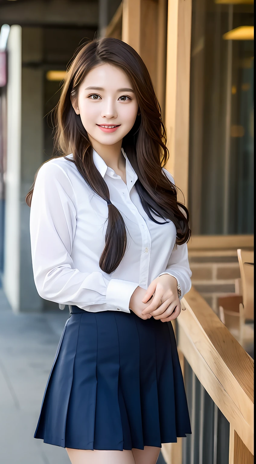 Very detailed 8k wallpaper)、foco nítido、in detail、drama、Delicate and beautiful schoolgirl、17歳、Sheer white shirt、Quite short skirt、ligh brown hair、hair adornments、Sexy、A smile、Peek at the viewer、Beautiful graphics、Bright school building、Full of students、clean legs、