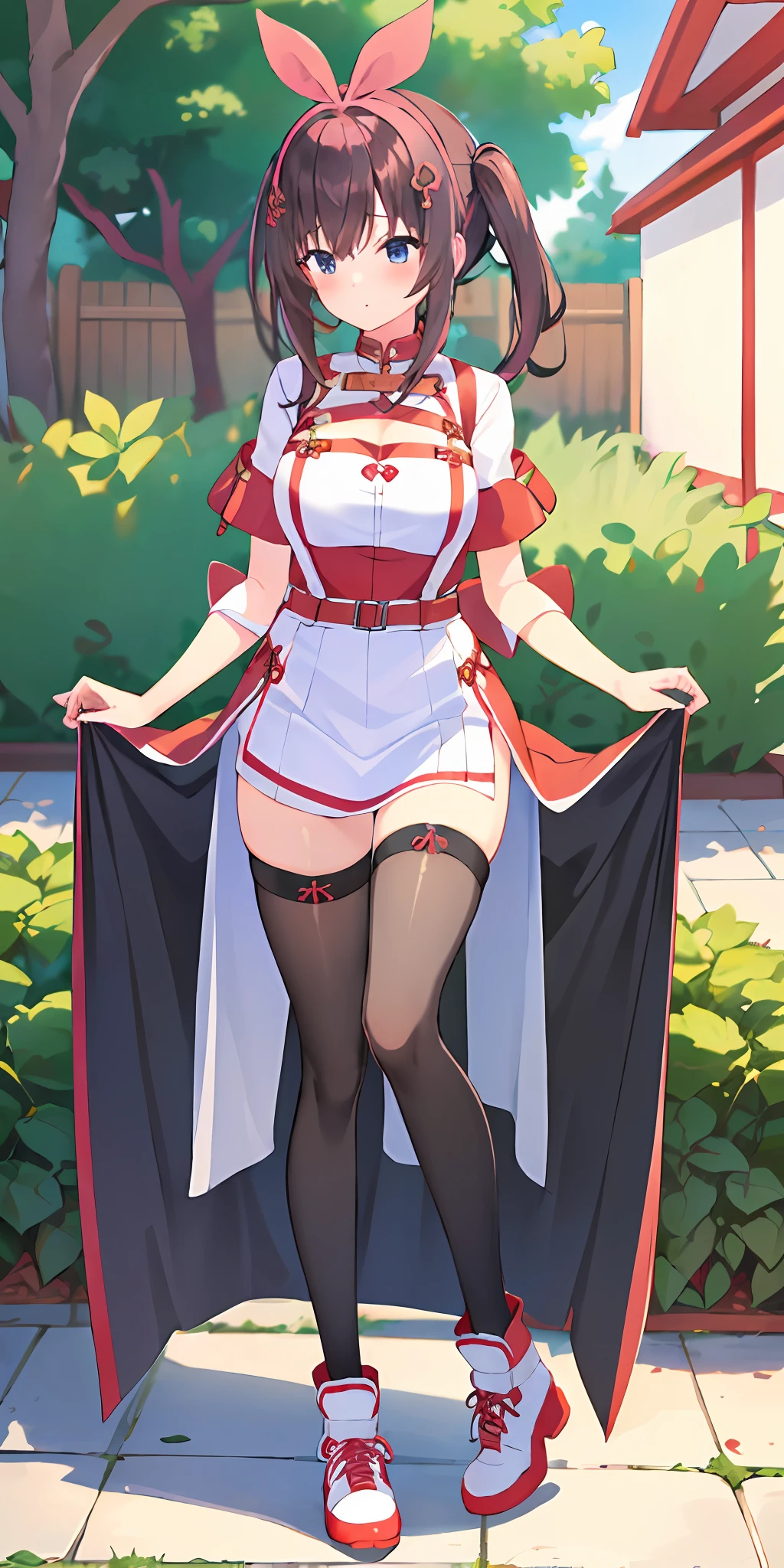 1girl, solo, masterpiece, highest quality, 8k, , garden of eden background, wearing only Japanese apron, bare legs, sexy legs, bewitching thighs, blushing slightly