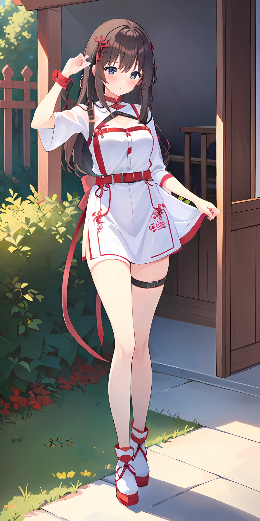 1girl, solo, masterpiece, highest quality, 8k, , garden of eden background, wearing only Japanese apron, bare legs, sexy legs, bewitching thighs, blushing slightly