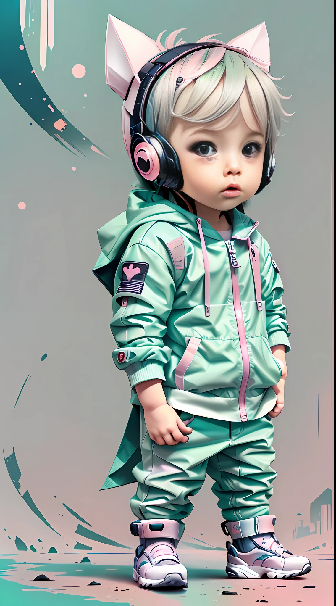 white, totally white, pastel colors, hachures, chibi style, 1 cute little baby boy with techwear clothes, street, cyberpunk