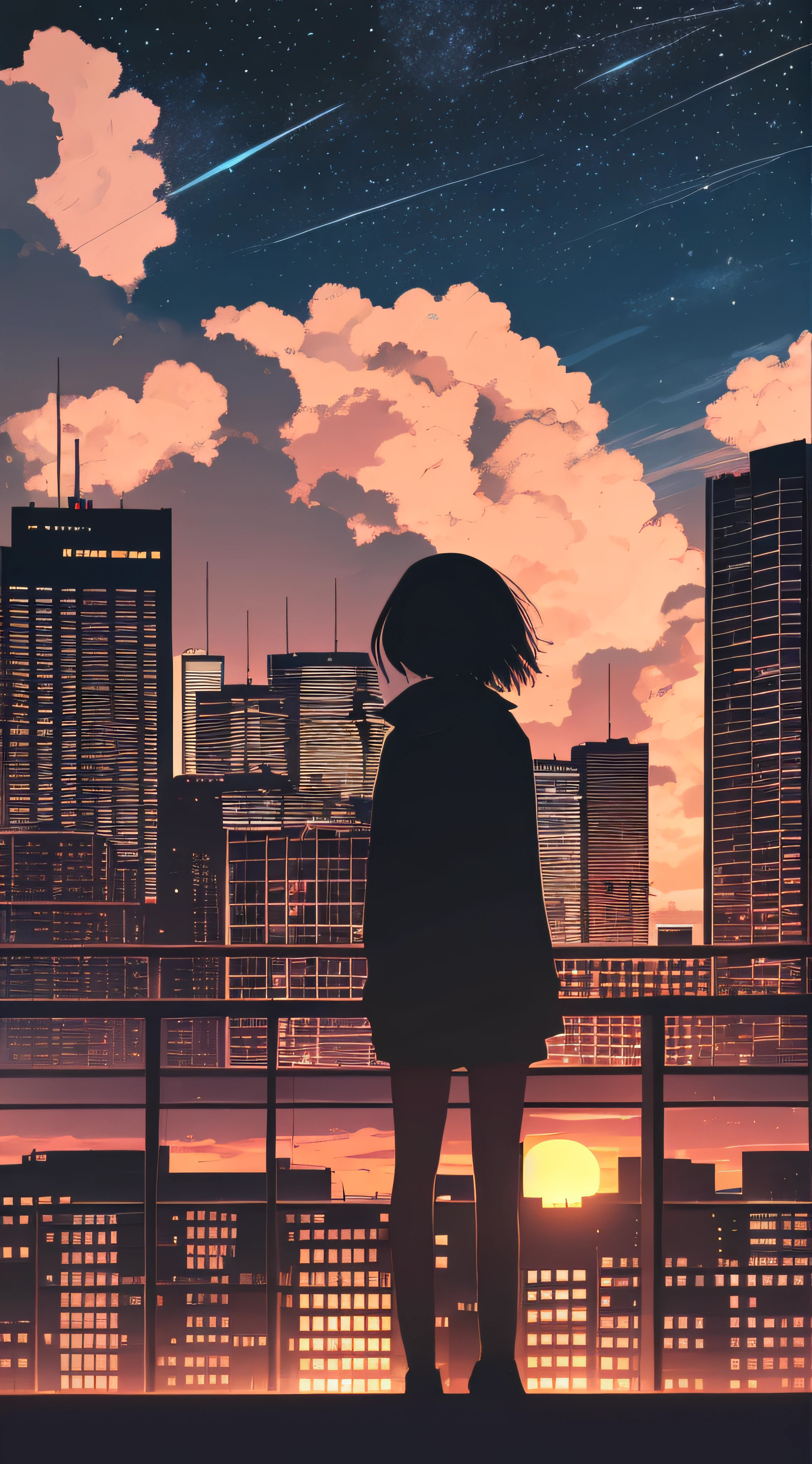 anime,silhouette,1girl, star (sky), cloud, cityscape, building, city, outdoors, skyscraper, city lights, night, night sky, sunset, skyline