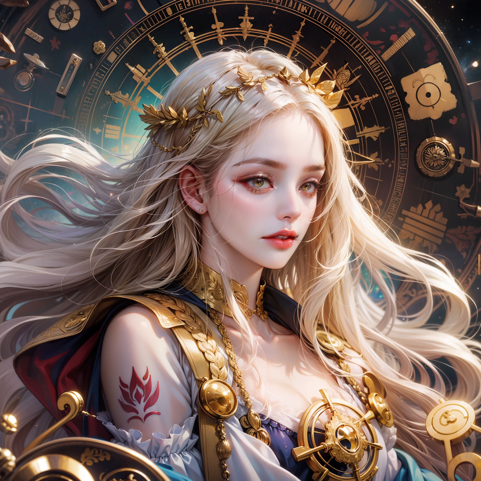 solo, high resolution, highest quality, super high quality, super detail, ultra realistic, photorealistic, anime, illustration, fantasy, Northern Renaissance style, super beautiful goddess, mysterious, enchanting, sharp slit gold eyes, flowing layered side braided white hair, tattoos, perfect proportion, full body, wearing see-through robe embroidered with gold, background galaxy, magic circle,
kaleidoscope, rainbow and gold neon light many lines
