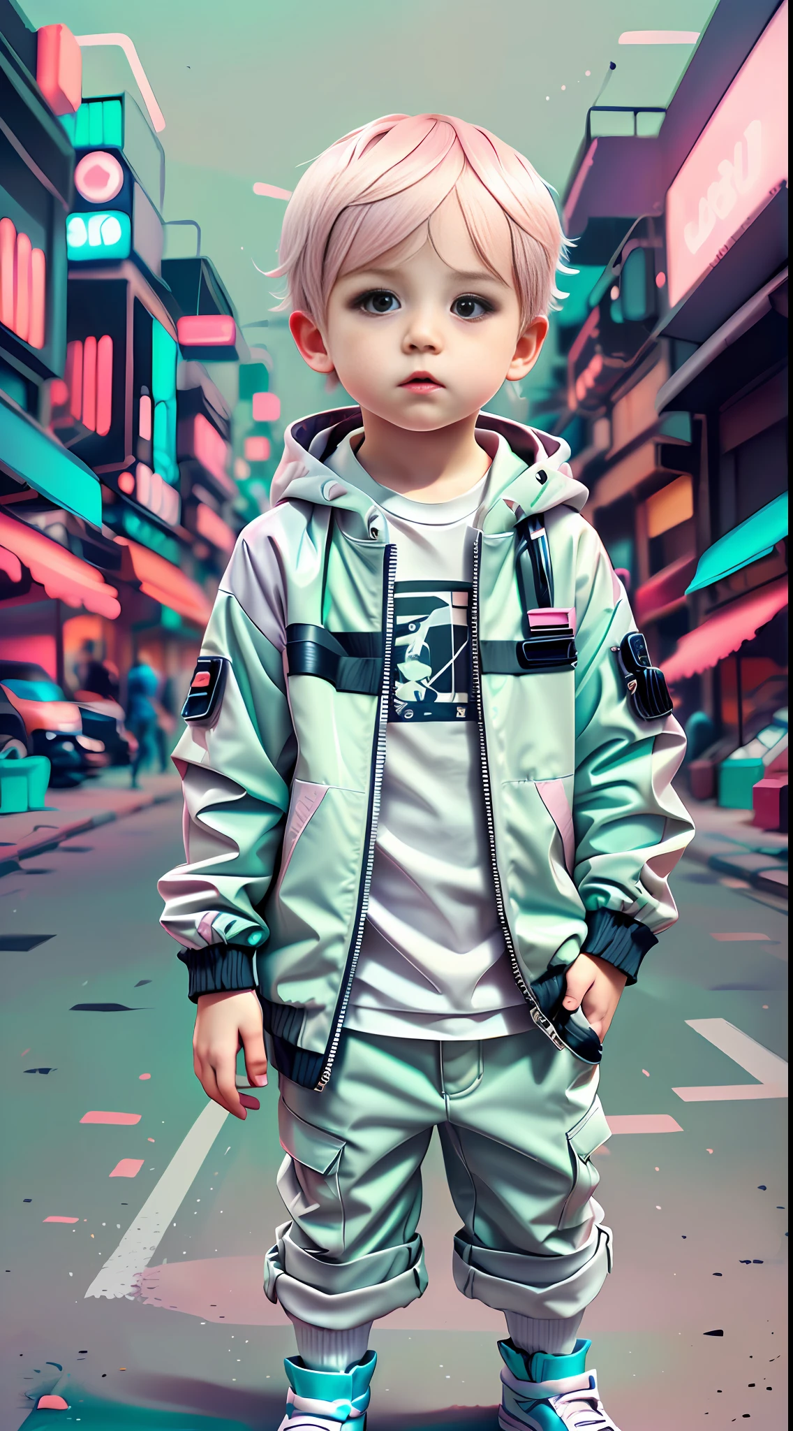 white, totally white, pastel colors, hachures, chibi style, 1 cute little baby boy with techwear clothes, street, cyberpunk