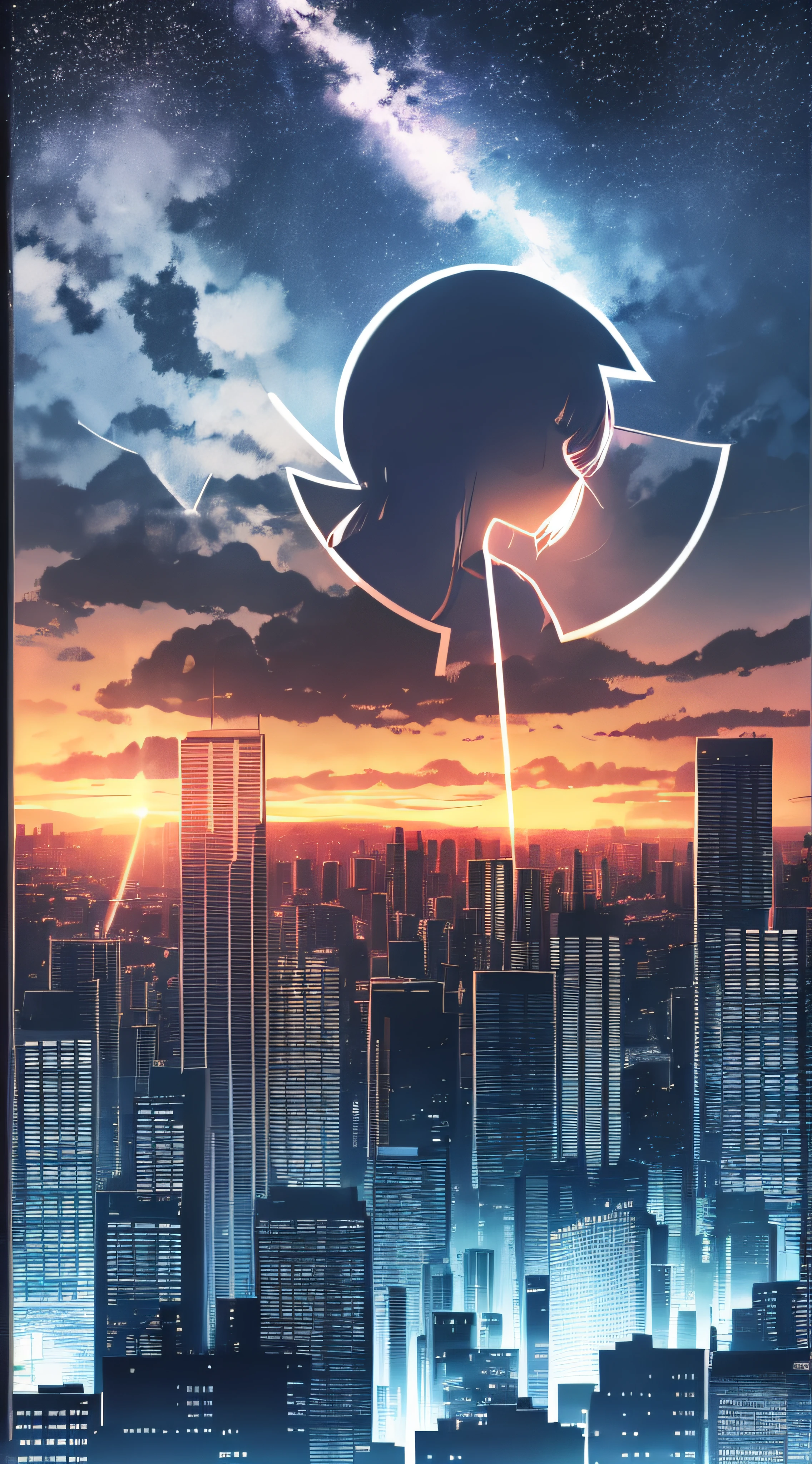anime,silhouette,1girl, star (sky), cloud, cityscape, building, city, outdoors, skyscraper, city lights, night, night sky, sunset, skyline