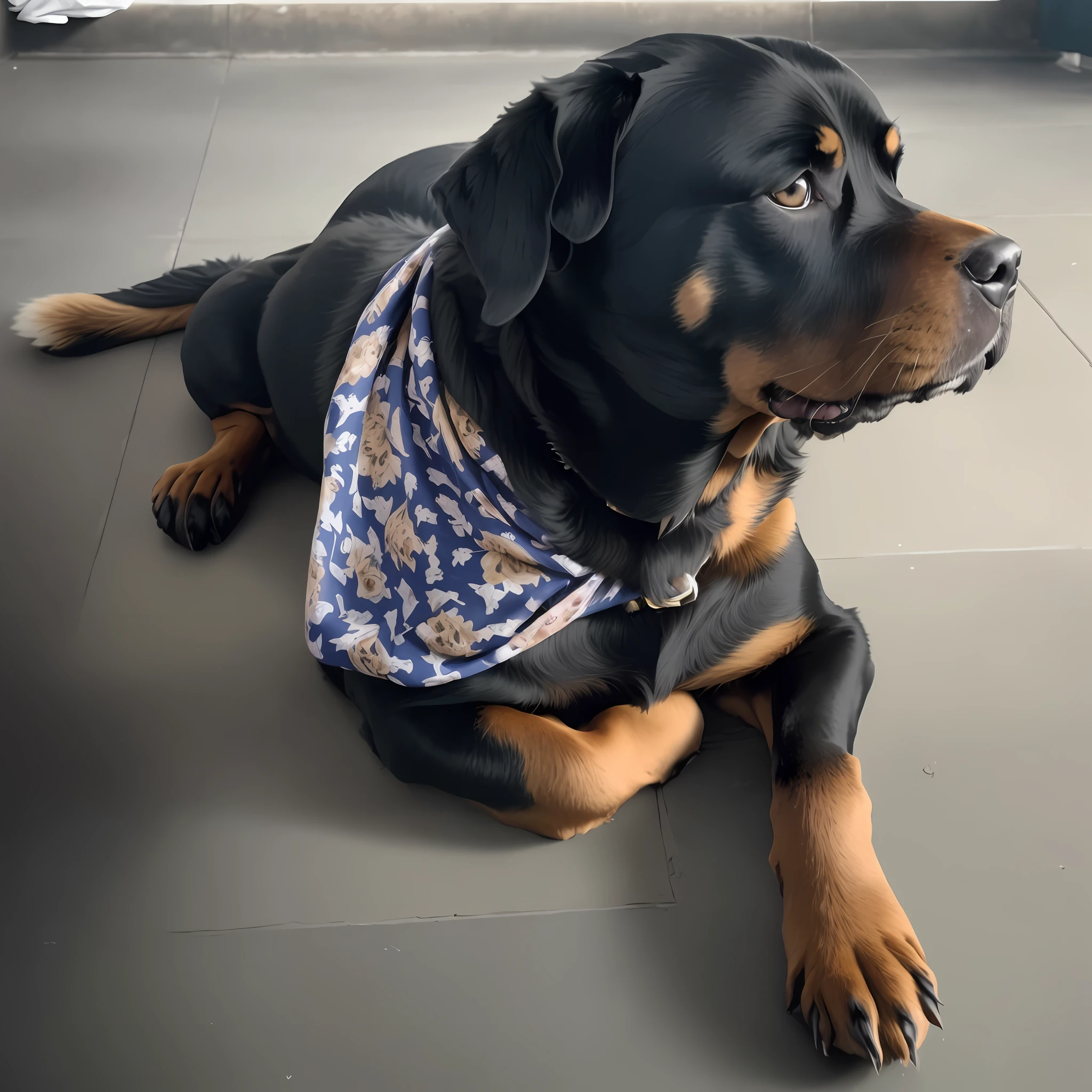 there is a dog that is laying down on the ground, muito bonito, rottweiler dinosaur hybrid, extremamente bonito, um bonito, ele parece muito sofisticado, bandana, maximus jacobs, orgulhoso olhando para longe, Bombeiro Rottweiler, fazendo uma pose majestosa, com uma pose cool, Parecendo inteligente, Retrato de Zeus acidentado, parece inteligente, Diego 5, olhar orgulhoso