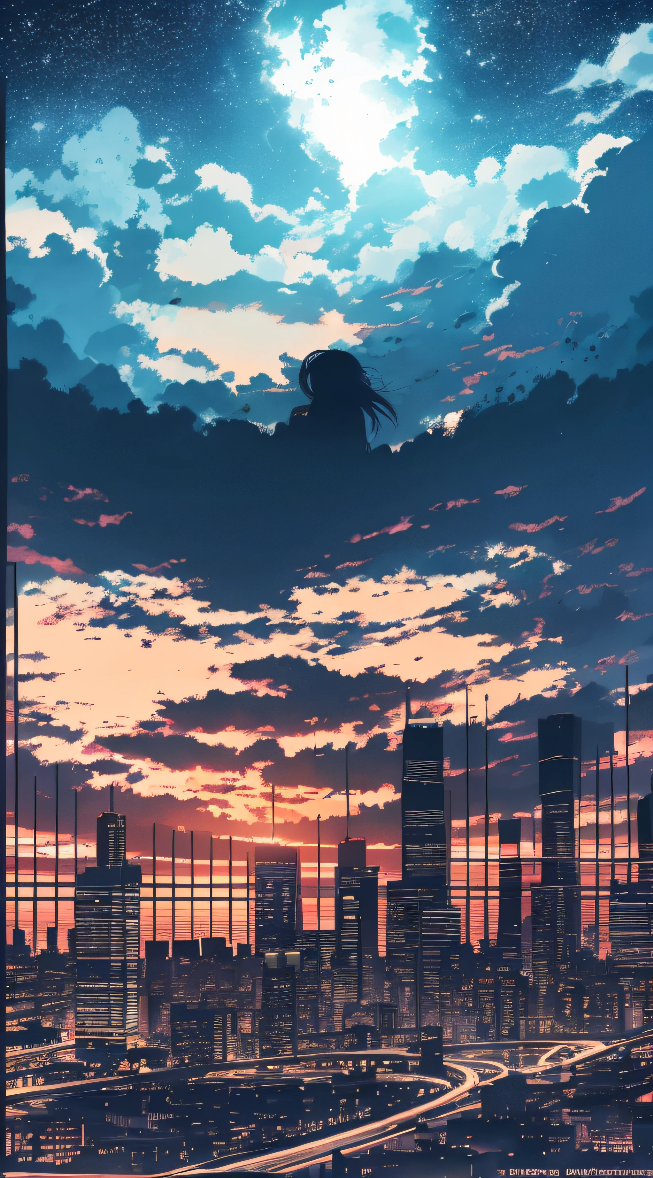 anime,silhouette,1girl, star (sky), cloud, cityscape, building, city, outdoors, skyscraper, city lights, night, night sky, sunset, skyline