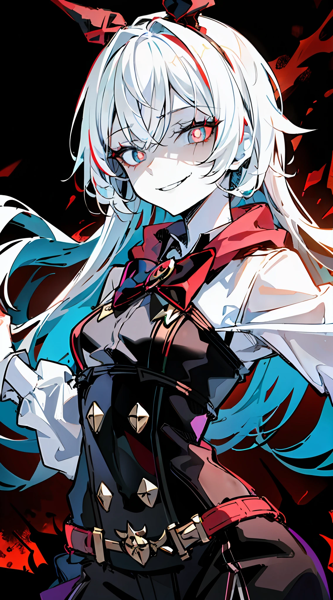 1girl, (solo:1.2), ((masterpiece)), slim, small chest, pale skin, ((detailed eyes)), (bokeh effect), (dynamic angle), dynamic pose, white hair, black bow tie, black attire, (red) eyes, ((wicked)) smile, long hair, dark background, (constricted pupils), (evil smile), small pupils, smug, (insane), (evil theme), dark theme